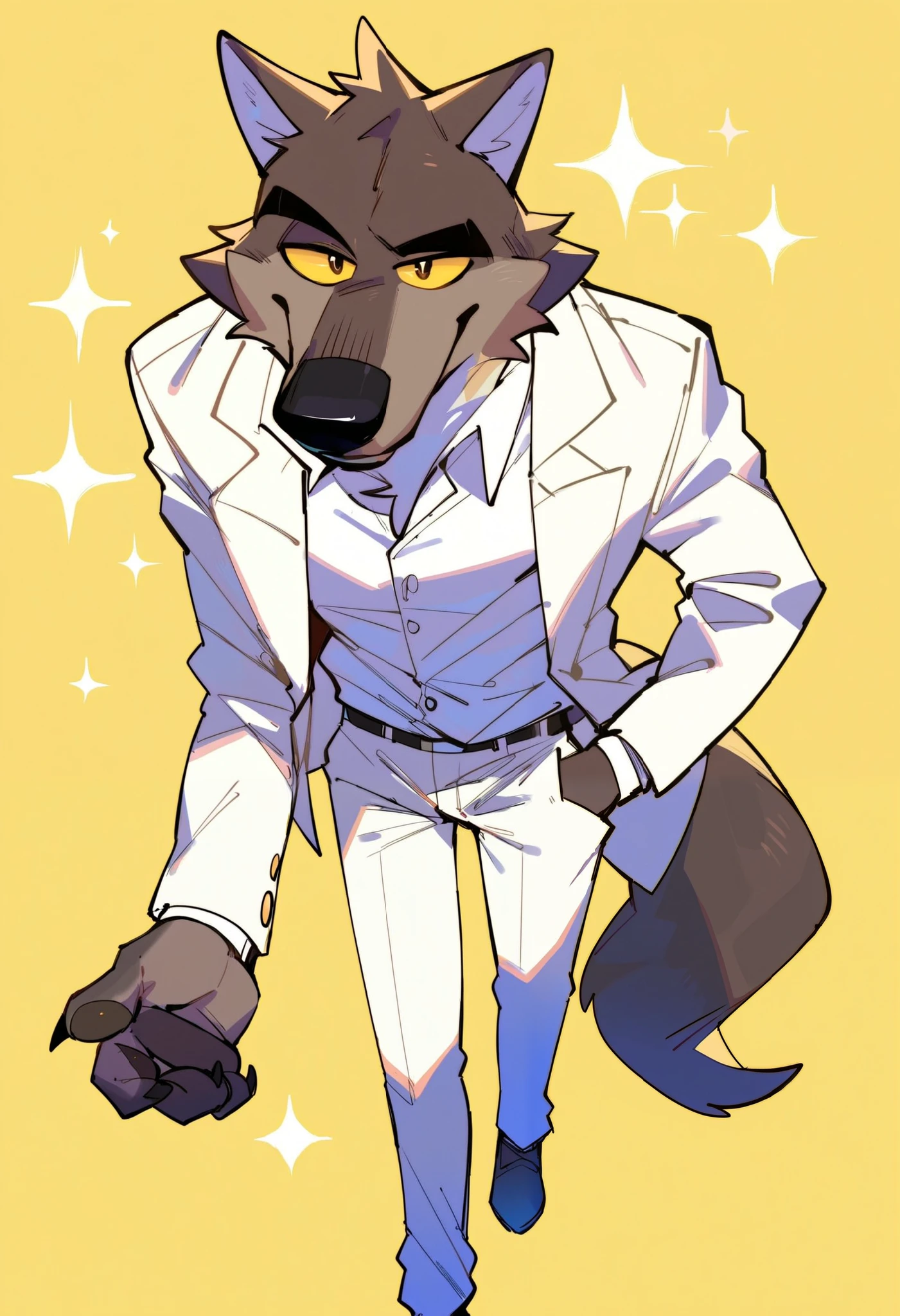 score_9, score_8_up, score_7_up, score_6_up, score_5_up, score_4_up, source_furry, hi res, Expressiveh, yellow background, dynamic angle, full body, white sparkles, walking, hand in pocket, MrWolf, Wolf, yellow sclera, black eyes, Cream-White Suit, Cream-White Pants, White Shirt, Brown Shoes, looking at viewer, smile, anthro, male, perfect anatomy