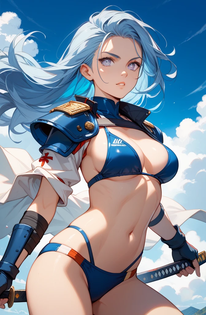 Beautiful girl, highlighted breasts, pirate outfit(trench coat, weapons etc.), long blue hair  , tan skin tone, na proa do navio, looking at the starry sky and full moon 