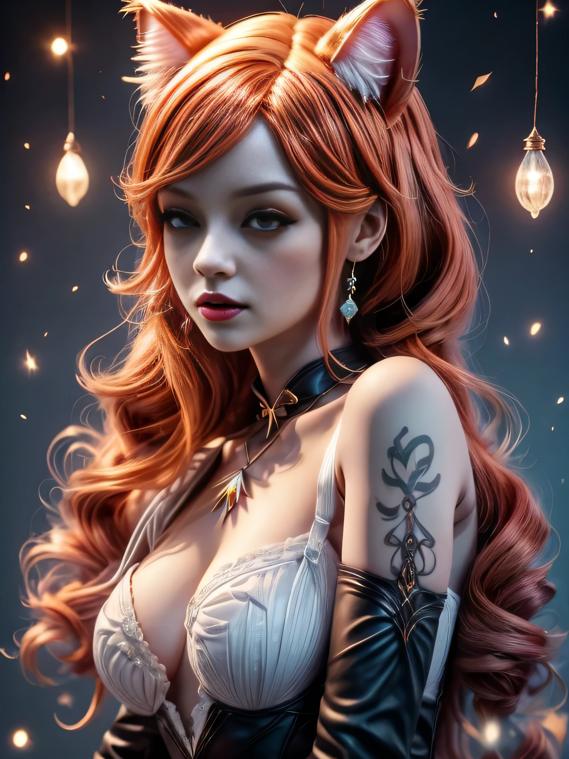 there is a doll with red hair and a cat ears, portrait of a goth catgirl, dollpunk, artdoll, [ trending on cgsociety ]!!, beautiful young catgirl, wlop loish and clamp style, cgsociety ), cgsociety - w 1 0 2 4 - n 8 - i, cgsociety 9, bjd, cgsociety