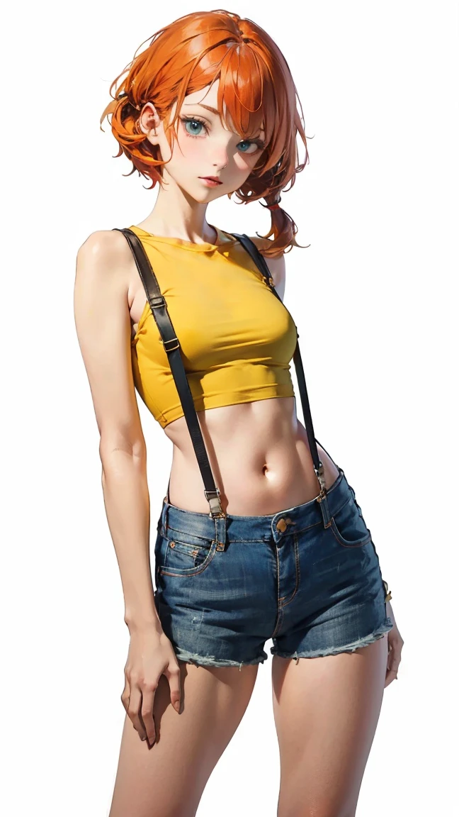 RanmaChan, Red hair, Hair with braid, blue eyess, eyes detailed, masterpiece,High resolution,8k,Detailed anatomy
(Foggy_Pokemon)(One 18-year-old girl)
(Berry Short,Orange Hair,One-sided up hair,Big green eyes,Small breasts,skinny)
(Yellow Sleeveless T-Shirt,Navel exposed,Denim hot pants,Red suspenders,sneakers)
There&#39;s a soul in my eyes.