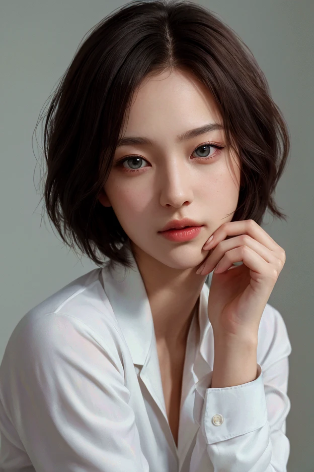 Woman in her early 30s、Dark brown hair、short hair、simple((masterpiece、highest quality、Very detailed、High resolution、Realistic、Sharp focus、Cinema Lighting))、(1 girl)、Bust Shot、Beautiful Face、Realistic Face、(Black Hair、Boyish short hair、Cut out)、Beautiful hairstyle、Realistic eyes、Fine and beautiful eyes、Realistic Skin、Beautiful Skin、sweater、Confused、charm、Golden Pixie Cut Maste Piece, highest qualityの, High freshness)), One girl, (It's photorealistic: 1.4), 服Autumn Clothes、Berry short hair、Light Hair、Hair with movement、Berry Short、Extremely short hair、Solo, Background whiteい, Pure white background, A happy smile, A happy smile, Beautiful Black Hair, Short Hair, Big eyes, Clear double eyelids, False eyelashes, Sticking out ears, Long neck, Long neck, breast enhancement, (Draw the whole head,), 19 year old, Charming proportions, Shiny skin, Beautiful collarbone, Golden ratio face, Perfect Face, Teardrop Mole, Mole on chest, Bangs, Beautiful bangs, Beautiful bangs, Lip gloss, Thin lips, Fair and shiny skin, Small breasts、 same, Small Face, Small Face, All heads are painted, The shoulders are all drawn, Looking slightly above the camera??Hair Catalog、Background white、breast enhancement、Autumn Clothes、knit、Angle of view: breast enhancement、Hair Model、breast enhancement、Photo of Hiki、High neck clothing、Very short hairVery shortVery shortVery short hair、Short hair up to the lip line