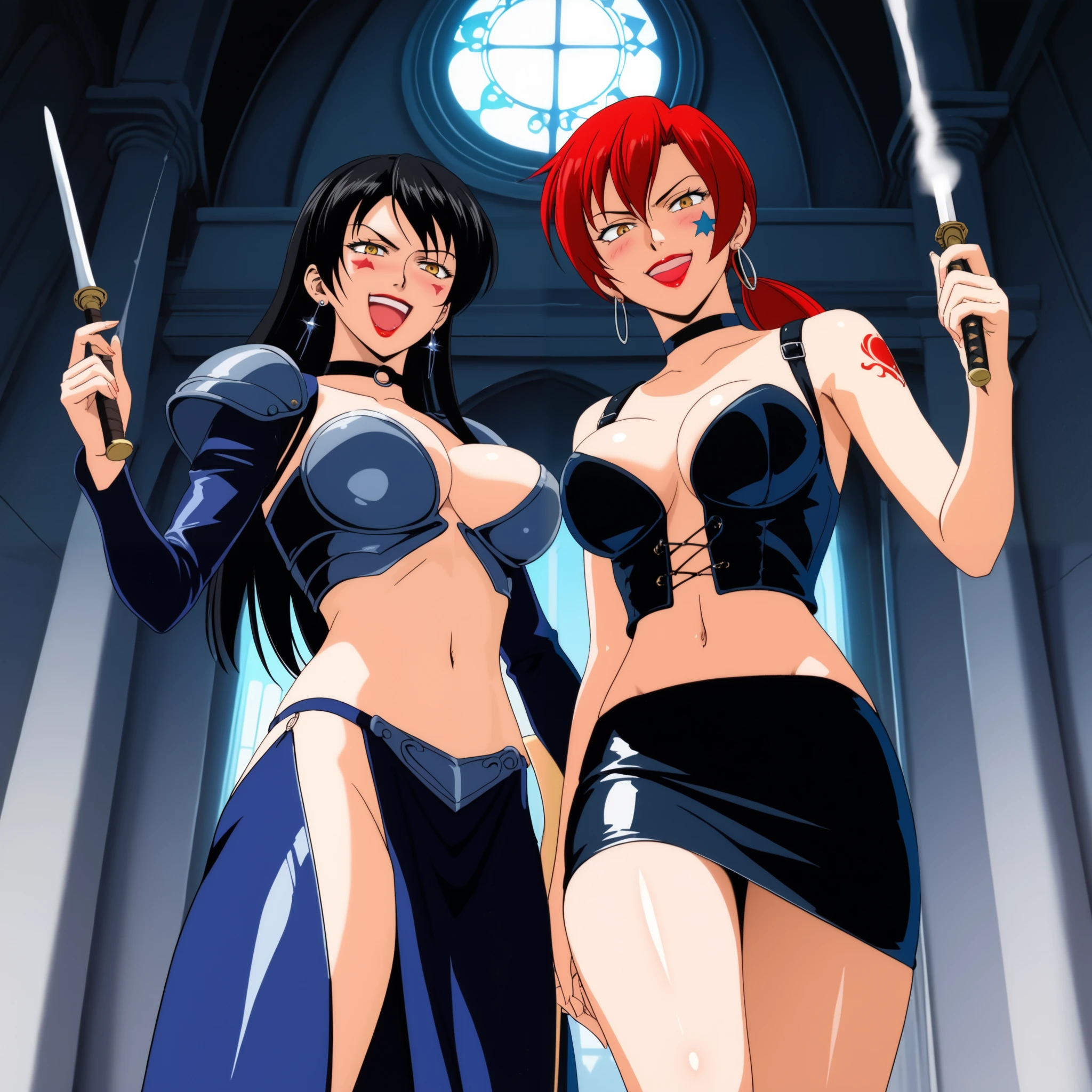 (masterpiece, best quality:1.2), nel zelpher, bob, short bob, angular bob, very dark red hair, bangs, sexy, castlevania style, curvy, pregnant, full body, feet, gigantic breasts, cleavage, soles, smirk, bottomless, blue kimono, katana, 1girl, 1boy, muscular man, nipple