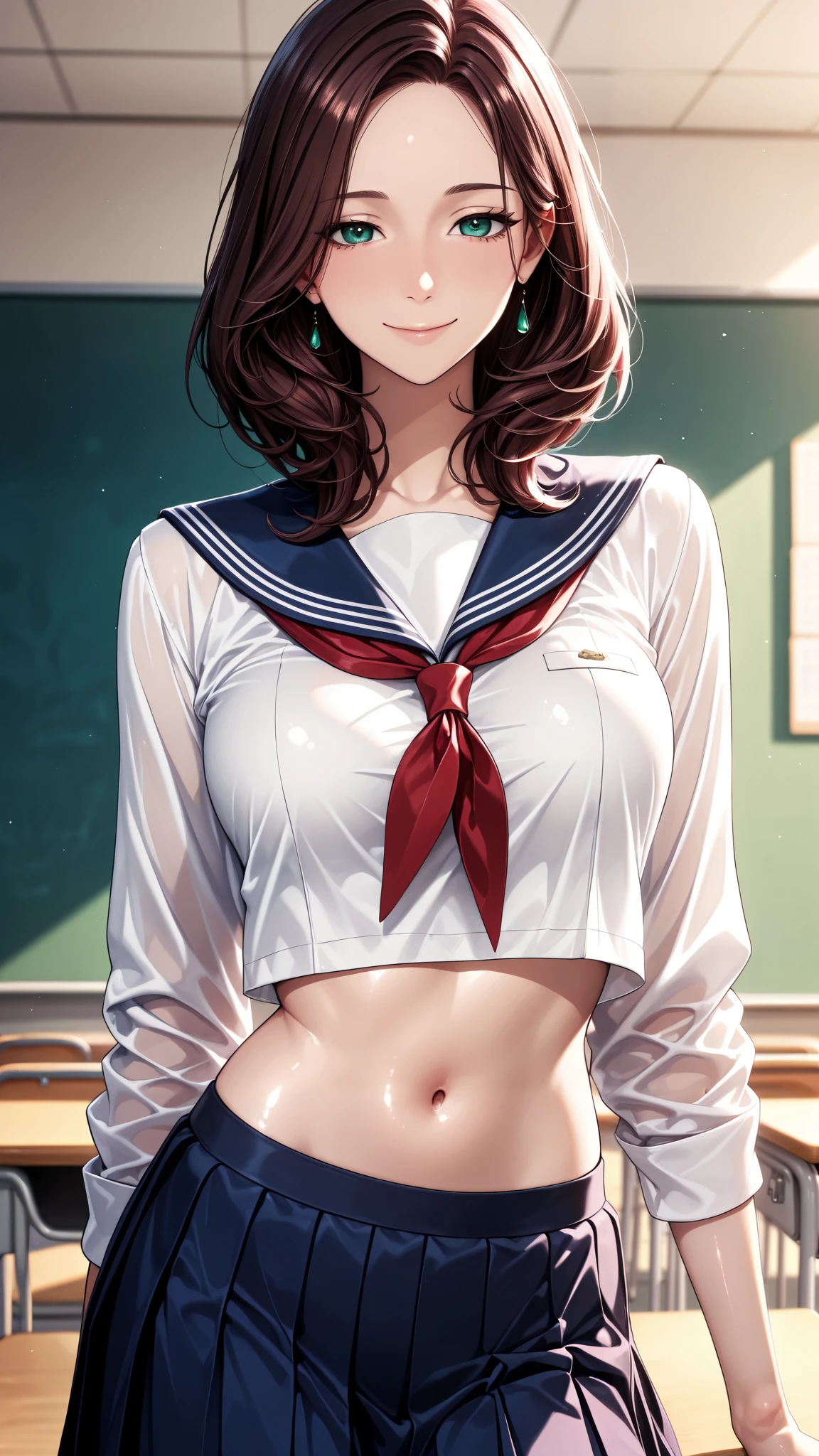 masterpiece, best quality, vibrant, very aesthetic, high contrast, anime style, semirealistic, newest, cinematic-lightning, Enhance colors to maximum saturation, shiny skin, slender, 1woman, cowboy shot, detailed face, detailed eyes, green eyes, slightly smile, medium hair, dark brown silky hair, forehead, sliced back hair, contrapposto, navel, Captivating thighs, knee, classroom, (sheer crop top white shirt), sailor suit,blue pleated skirt, red ribbon tie