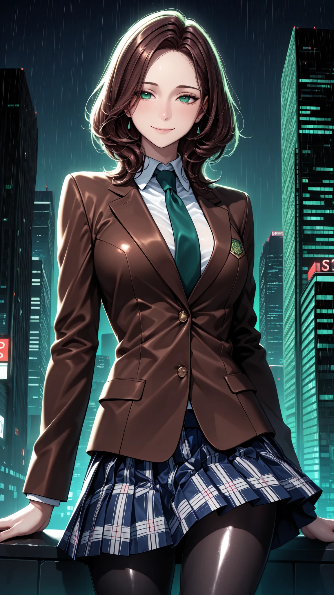 masterpiece, best quality, vibrant, very aesthetic, high contrast, anime style, semirealistic, newest, shiny skin,slender, cinematic-lightning, Enhance colors to maximum saturation, cowboy shot, high contrast, 1girl, detailed eyes, green eyes, slightly smile, detailed medium hair, dark brown silky hair, forehead, sliced back hair, contrapposto, Captivating thighs, uniform, brown blazers, Green tie, Plaid Pleated Skirt, black tights, rainy cyber city, at night
