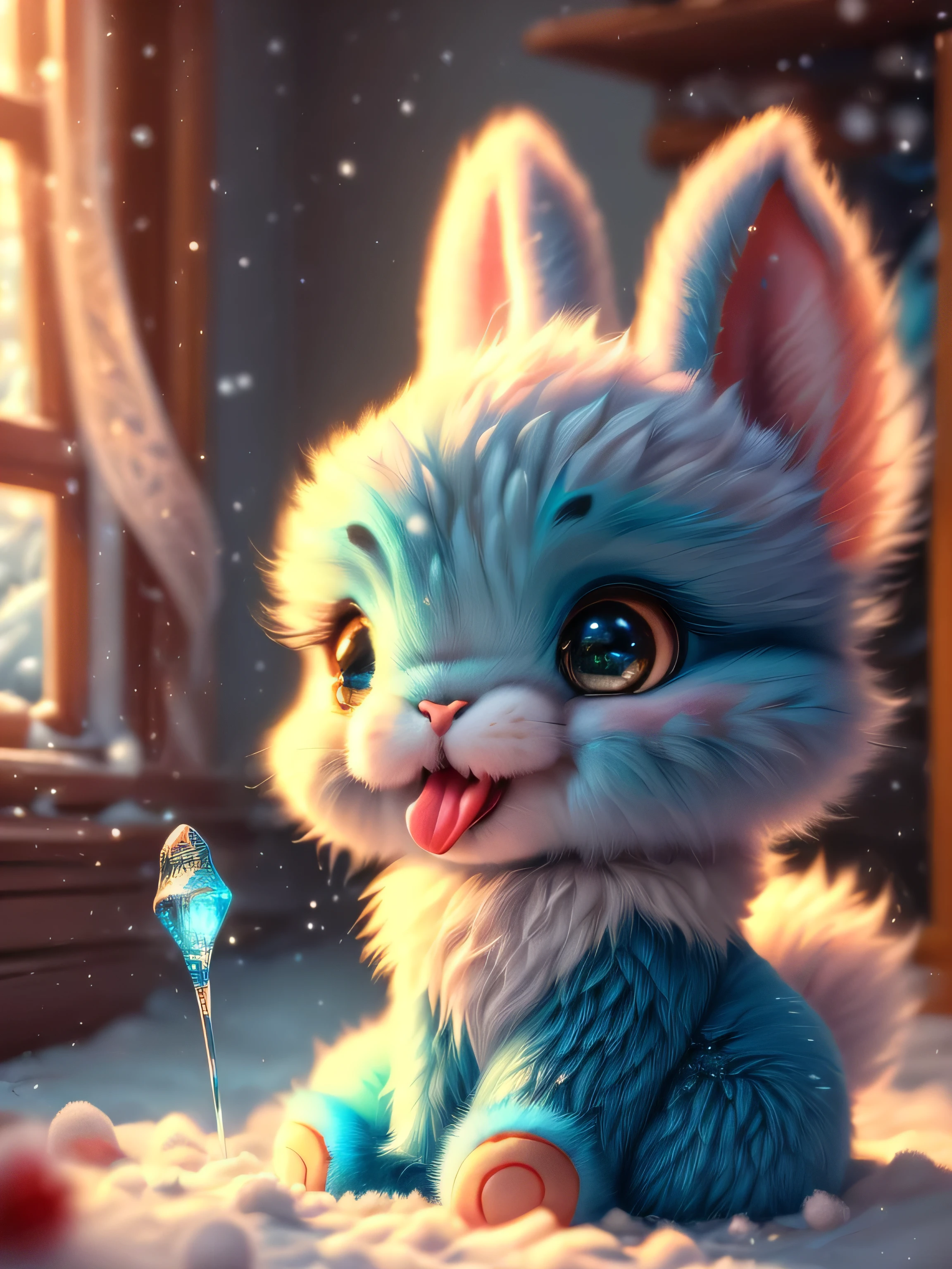 (Best Quality, Super Detail, Masterpiece, Representative Work, Official Art, Professional, Super Detail, 8k:1.3) (Photorealistic:1.2), Adorable blue furry monster with round eyes in a pink bunny suit, Licking an icicle with his tongue while sitting, Winter, Christmas, Night, Natural Lighting, Soft Background, Photorealistic, Shining Eyes, Sharp Focus, Cute and Mischievous Look, Hint of Mischief, Dreamy Atmosphere, Delicate Details, Soft Volumetric Light, (Backlight:1.3), (Cinematic:1.2), Intricate Details, (ArtStation:1.3)
