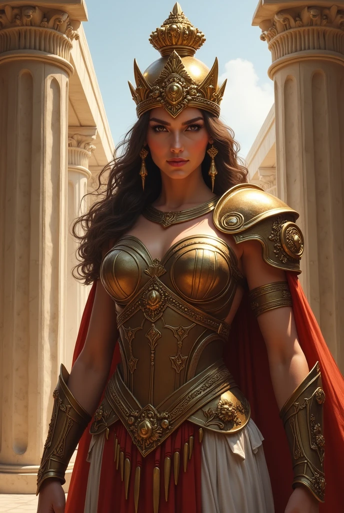 best quality, professional lighting, super detailed, realistic, beautiful detailed face,1girl, europian<lora:sp4rt43(0,8-1)CIVIT:0.8> in the style of sp4rt4, armor,choker, hip belt, red cape, spartan helmet, ornamented shoulder pads,sharp focus,cavalry background,