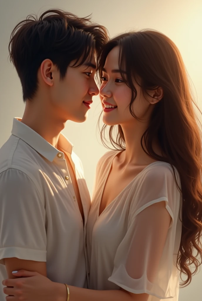 Handsome Asian-style man, rich, good figure, six-pack, dark brown hair, holding a beautiful, sweet Asian-style woman, wavy dark brown hair, in the middle of a sunflower field.
