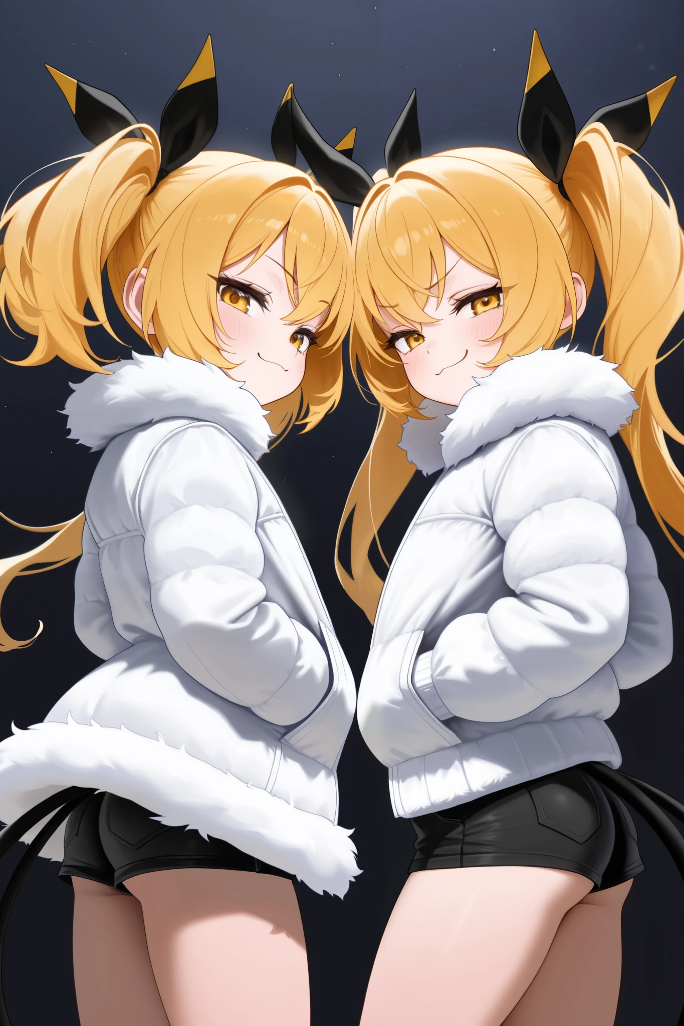 From back, blonde, hands in jacket's pocket, gold eyes, twin tail, hair ribbon, no ornaments, fur trim jacket, twins, 2 girls, smug, ass, thick thights, flat chest, carmeltoe, high-waist short pants, looking back, looking at viewer