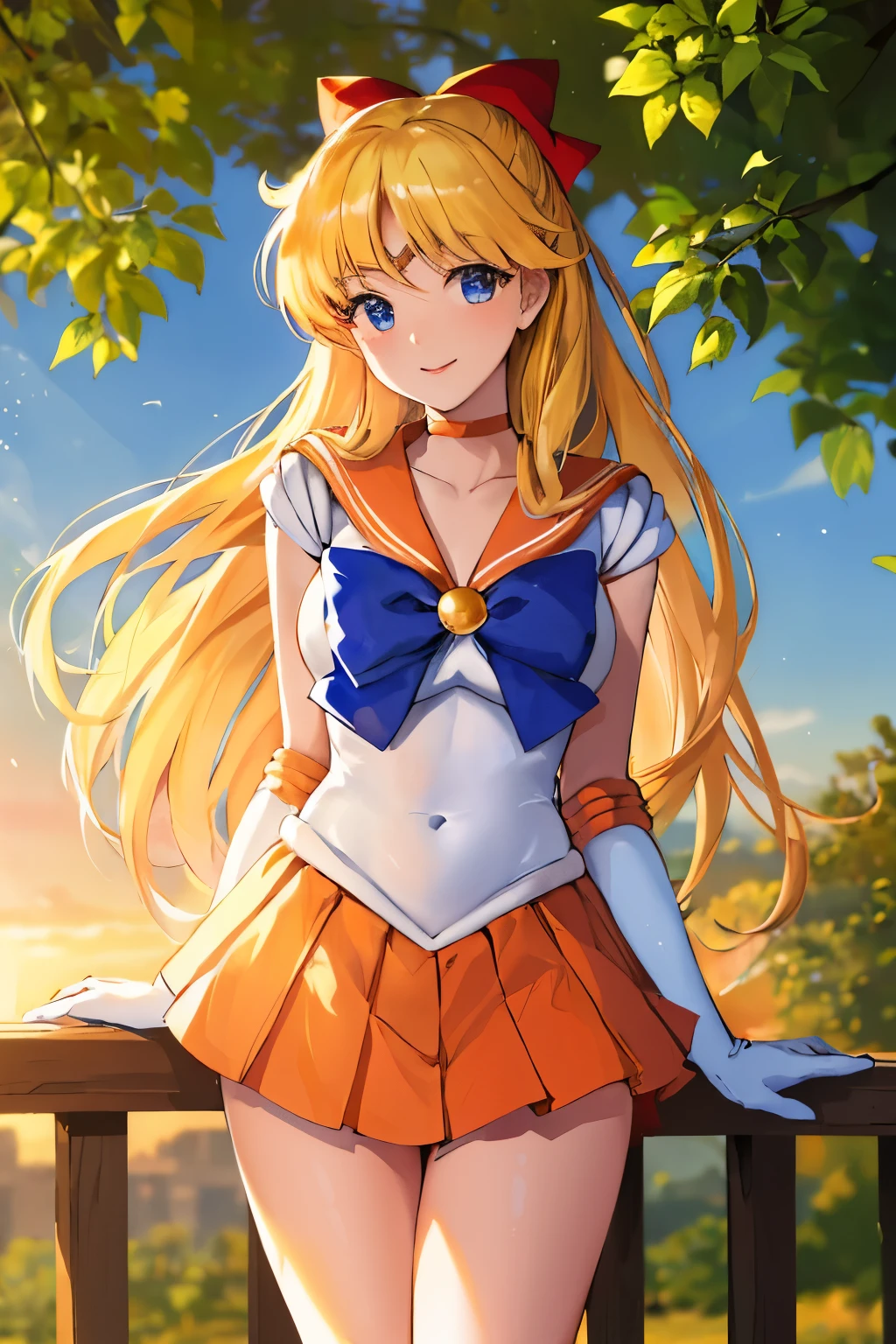 masterpiece, best quality, high resolution, from slightly upper shoot, 1girl, solo, sailor senshi uniform, sailor venus, aino minako, blonde hair, blue eyes, orange skirt, elbow gloves, tiara, pleated skirt, hair bow, orange sailor collar, miniskirt, choker, red bow, orange choker, white gloves, very long hair, (high quality shiny fabric), (point to sky:1.1), (leaning to forward:1.1), (gazing at viewer:1.2), smile:1.2, laugh:1.3, park:1.2, outside,