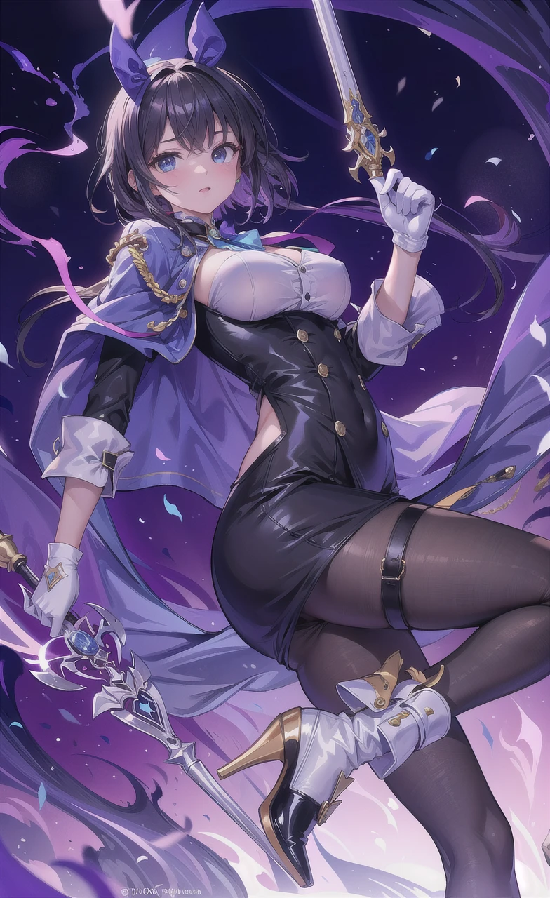 ultra detailed shot of a young woman, (Hailee Steinfeld) dressed as zatanna zatara, she wears a top hat fishnet stockings very short leather pants white shirt and a tailcoat jacket, magical, art by mschiffer, ethereal, Zatanna from DC comics, she's making some magic, magical lights, 32k resolution, best quality, dynamic pose, action pose