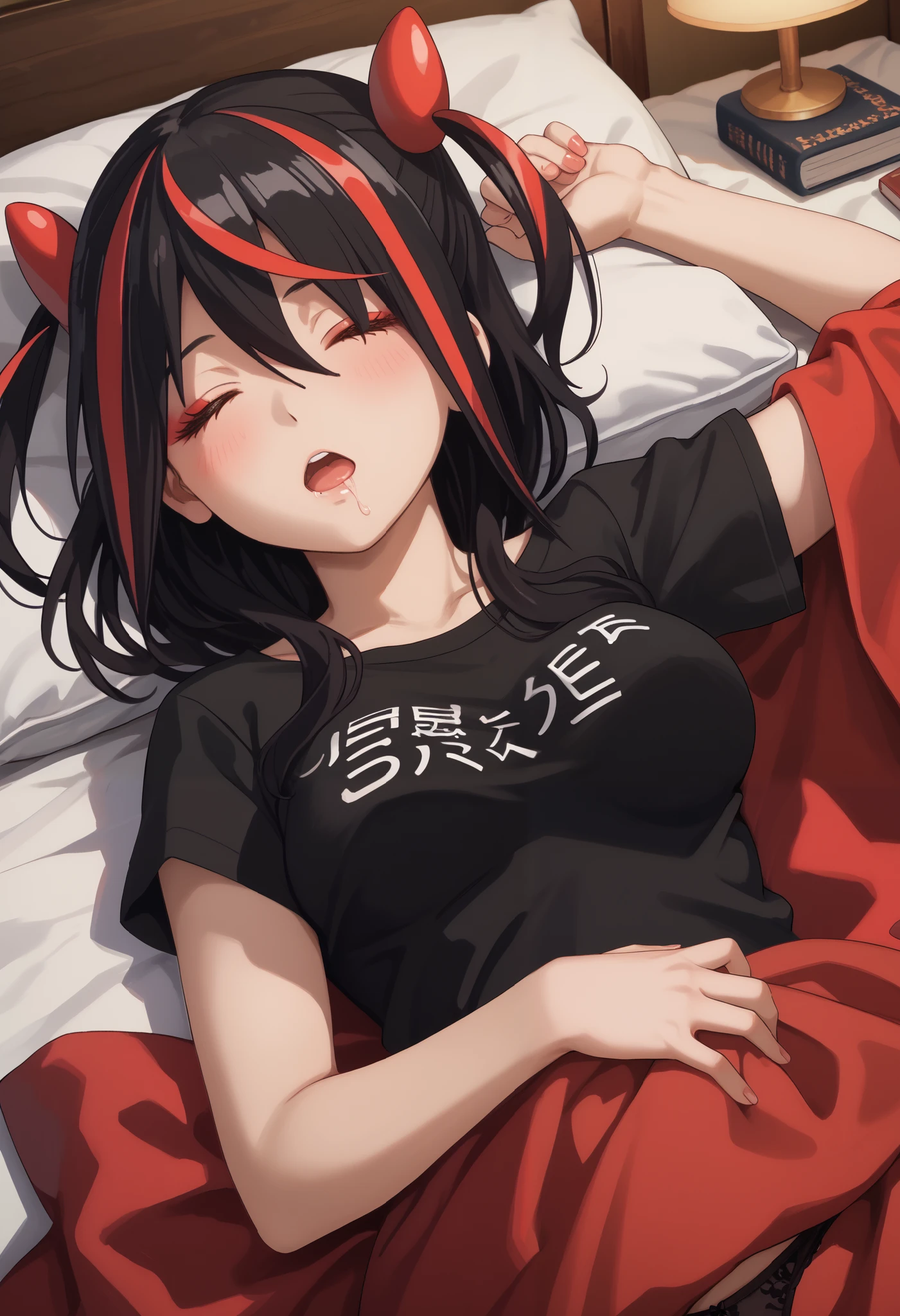 Score_9, Score_8_up, Score_7_up, bright skin: 0.1, anime_source, deep skin, high quality, high resolution, (curvy), ((wide hips)), medium breasts, cute, sexy, 1 girl, BREAK HaneruEmi, HaneruEmi, long hair, black hair, red highlights, red eyeshadow, red eyes, spiky hair, hair between eyes, loose hair, side locks, black, black t-shirt, black panties, look at the abdomen,
face up, sleep, mouth open, eyes closed, drooling, one arm up,
bed, pillow, stuffed animal, open book, pink blanket, night, (Beautiful medium breasts: 1,2),