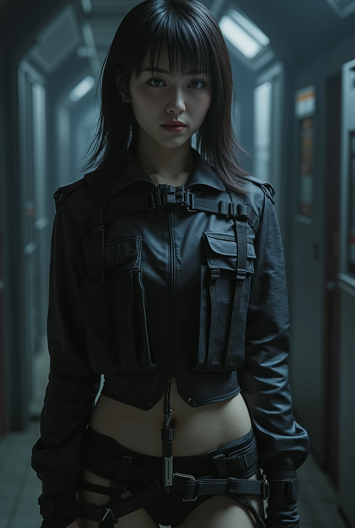 (((Hold a cyberpunk-style Japanese sword:2.0))), ,((whole body:2.0)), one woman,( cute face),(Beautiful well-balanced face ),( natural big breasted :1.5),( black hair:1.5),( beautiful eyes:1.3),Glamorous shot of a 20 year old Japanese woman , Slender Beautiful Body , model body type,(Slim body), perfect body line, Ideal Proportions ,(( big breasts:2.0)),Bare thighs,Voluptuous thighs, delicate body,( Shrimp),A harmonious posture,(Realistic breast depiction ),(Realistic depiction of areolas), carefully depicts limbs based on perfect anatomy ,((Futuristic ninja-style black military vest :2.0)),((Perfect Naked:1.5)),(( wear a ninja-style military vest over nudity:1.9)),(ear monitor:1.5),((Tactical Holster:1.5)),( gloves:1.3),(((I can't wear panties:2.0))),(((( lower body nude:1.5))), concept art,((( HR Gigger-style cyberpunk atmosphere :2.0))),( best quality :1.5),(masterpiece:1.5),(超高resolution),resolution,UHD,( Delicate Depiction), carefully drawn with butterfly wings ,32K,(( realistic skin texture)),((( Ultra Realistic:1.3))),Draw eyelashes carefully, very detailed face,Highly detailed female hand,Sexy appearance,Very sensual,(((The dark interior of the Nostromo ship :2.0))),(Blurry Dim Backgrounds :1.5), Polo,( movie lights:2.0),((Blade Runner Style Light :2.0))