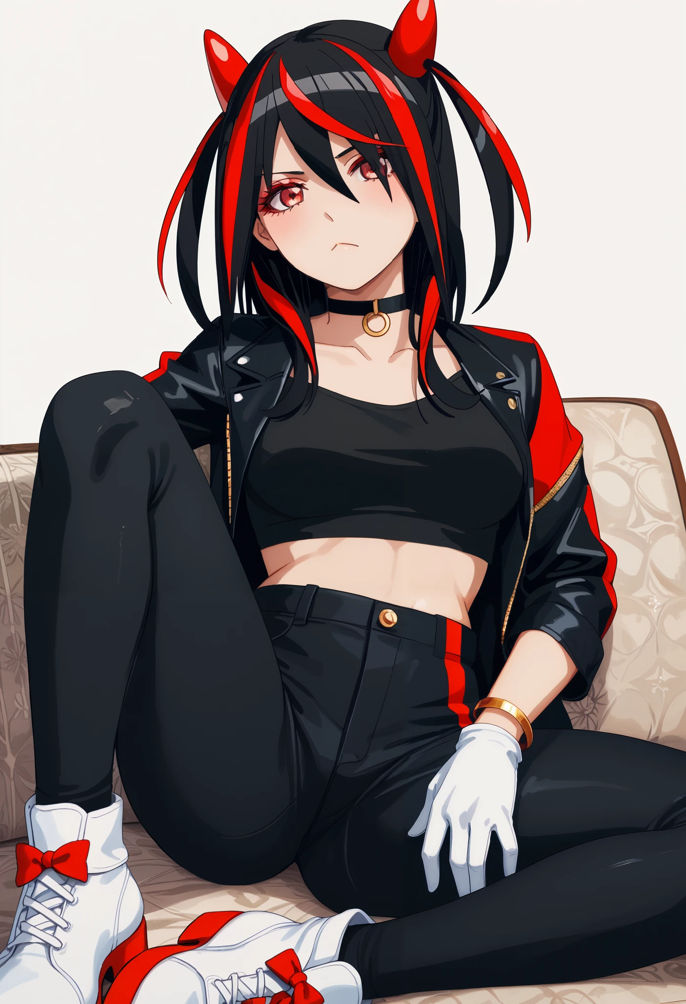 Score_9, Score_8_up, Score_7_up, bright skin: 0.1, anime_source, deep skin, high quality, high resolution, (curvy), ((wide hips)), medium breasts, cute, sexy, 1 girl, BREAK HaneruEmi, HaneruEmi, long hair, black hair, red highlights, red eyeshadow, red eyes, spiky hair, hair between eyes, side locks, gold bracelets, white gloves, white shoes, Two-tone shoes, black crop top, open jacket, black leather jacket, horns, choker, gold bracelet, black leather pants, white gloves, black stockings, abdomen , (alone, (sexy pose), open leg, seduce, excite, flirt, sexual, look at viewer, frown, tease)