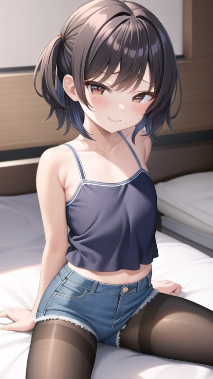 1girl,solo,smile,looking viewer
miyu,brown_eyes,black_hair,long_hair,bangs,hair_between_eyes,hair_ornament,hairclip,camisole,navel,denim shorts,socks,standing,my room,