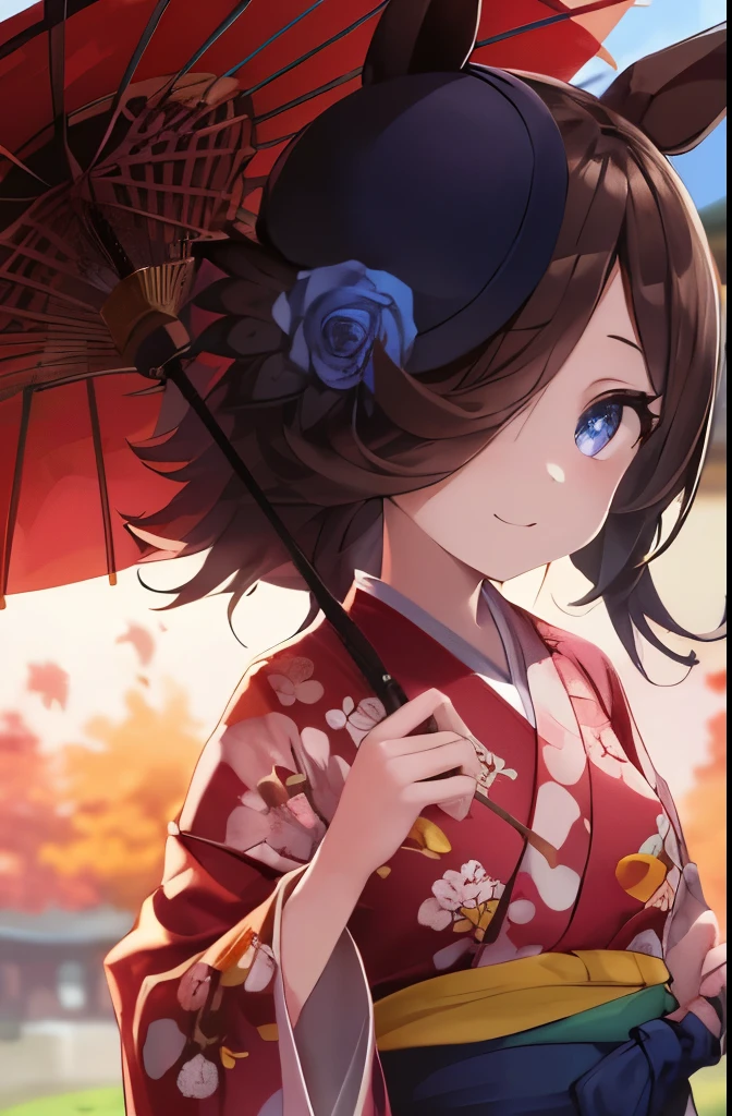 (Tabletop.highest quality).(Dynamic Angle). (CG paintings with attention to detail),(Perfect image)、Comic Strip.shape.1 girl.Detailed face、Perfect Face.Delicate face、Cute and delicate girl in kimono、Rough skin、Black Hair.length、(Umamimi Girl)Umamimi Girl、((Beautiful Blue Eyes)).delicate and Beautiful Eyes、Beautiful Eyes、Reflected Eyes、smile.(Looking at the audience:1.3).(Face is a little red:0.8)、8k wallpaper、Cowboy Shot、reflected light、Most detailed、Complex、Rough skin、Fine skin、(Super Resolution)、((Cute girl in Japanese clothes))、((Holding a red Japanese umbrella))