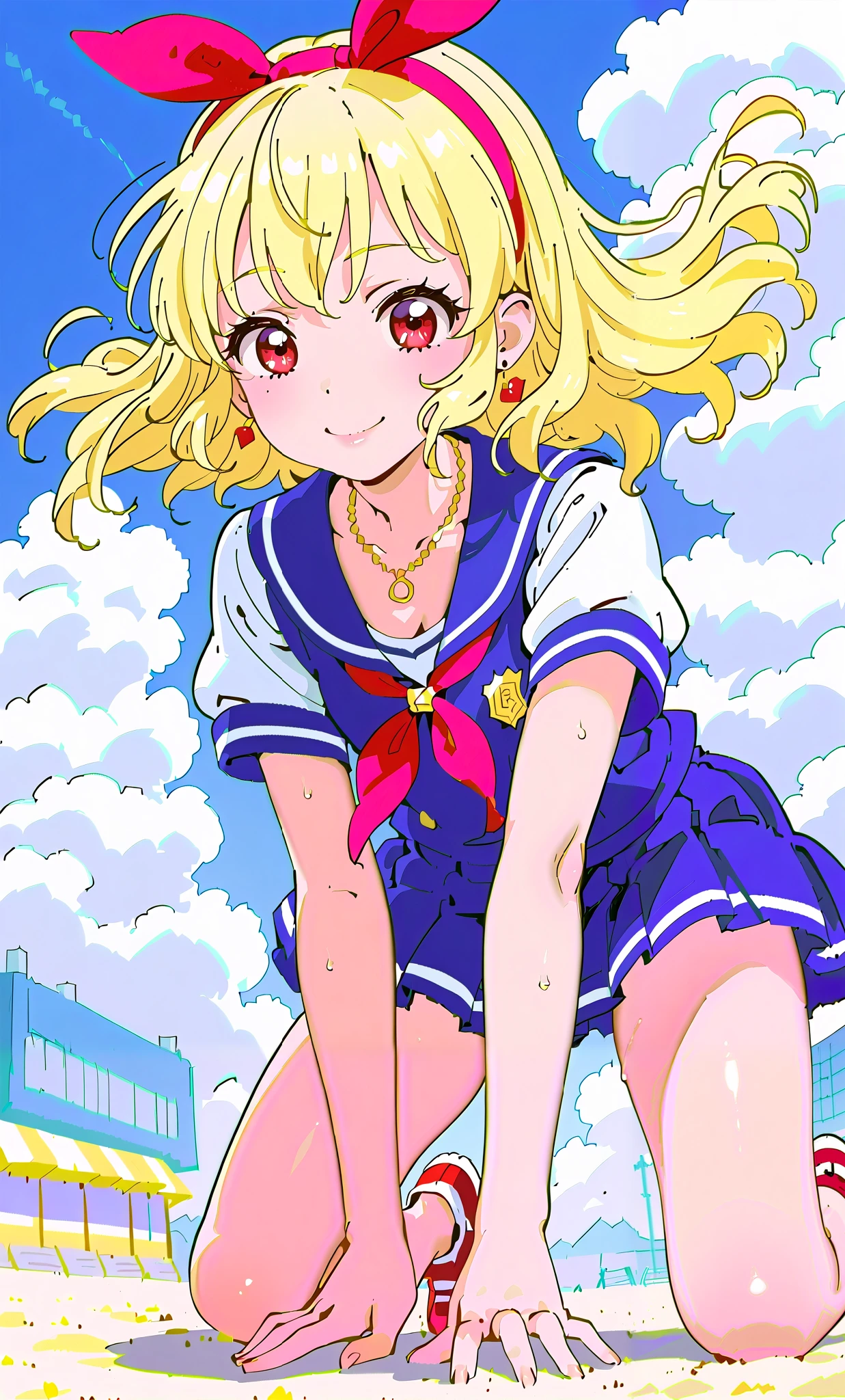 Ichigo Hoshimiya, 1 girl, , blonde, red eyes, (red ribbon on hairband: 1.2), perfect hands, perfect fingers, perfect anatomy, masterpiece, highest quality, realistic, surreal, 16k hdr, earrings, (no bra),School uniform: 1.2) ), outdoor, blue sky, strong wind, from below, (smile), dynamic pose, cleavage, (sweat: 1.2), (bending forward), kneeling: 1.3), necklace