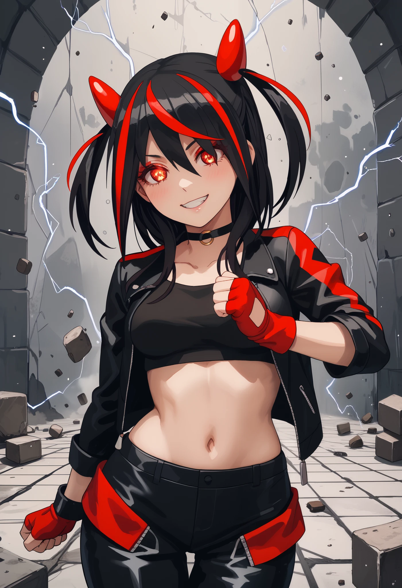 Score_9, Score_8_up, Score_7_up, bright skin: 0.1, anime_source, deep skin, high quality, high resolution, (curvy), ((wide hips)), medium breasts, cute, sexy, 1 girl, BREAK HaneruEmi, HaneruEmi, long hair, black hair, red highlights, red eyeshadow, red eyes, spiky hair, hair between eyes, side locks, black crop top, open jacket, black leather jacket, horns, choker, gold bracelet, black leather pants, red gloves, fingerless gloves, red footwear, white footwear, two-tone sneakers, black stockings, abdomen, smile, incoming attack, incoming punch, clenched hand, glowing eyes, electricity, motion lines, dynamic pose, 
concrete, abstract background, light particles, dust,