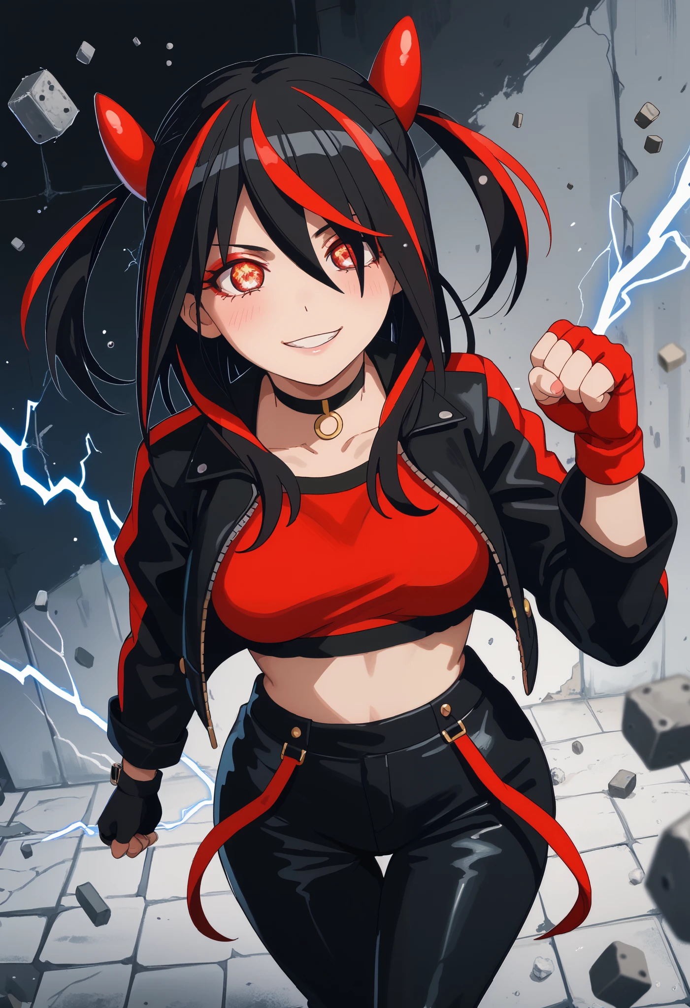 Score_9, Score_8_up, Score_7_up, bright skin: 0.1, anime_source, deep skin, high quality, high resolution, (curvy), ((wide hips)), medium breasts, cute, sexy, 1 girl, BREAK HaneruEmi, HaneruEmi, long hair, black hair, red highlights, red eyeshadow, red eyes, spiky hair, hair between eyes, side locks, black crop top, open jacket, black leather jacket, horns, choker, gold bracelet, black leather pants, red gloves, fingerless gloves, red footwear, white footwear, two-tone sneakers, black stockings, abdomen, smile, incoming attack, incoming punch, clenched hand, glowing eyes, electricity, motion lines, dynamic pose,
concrete, abstract background, light particles, dust,