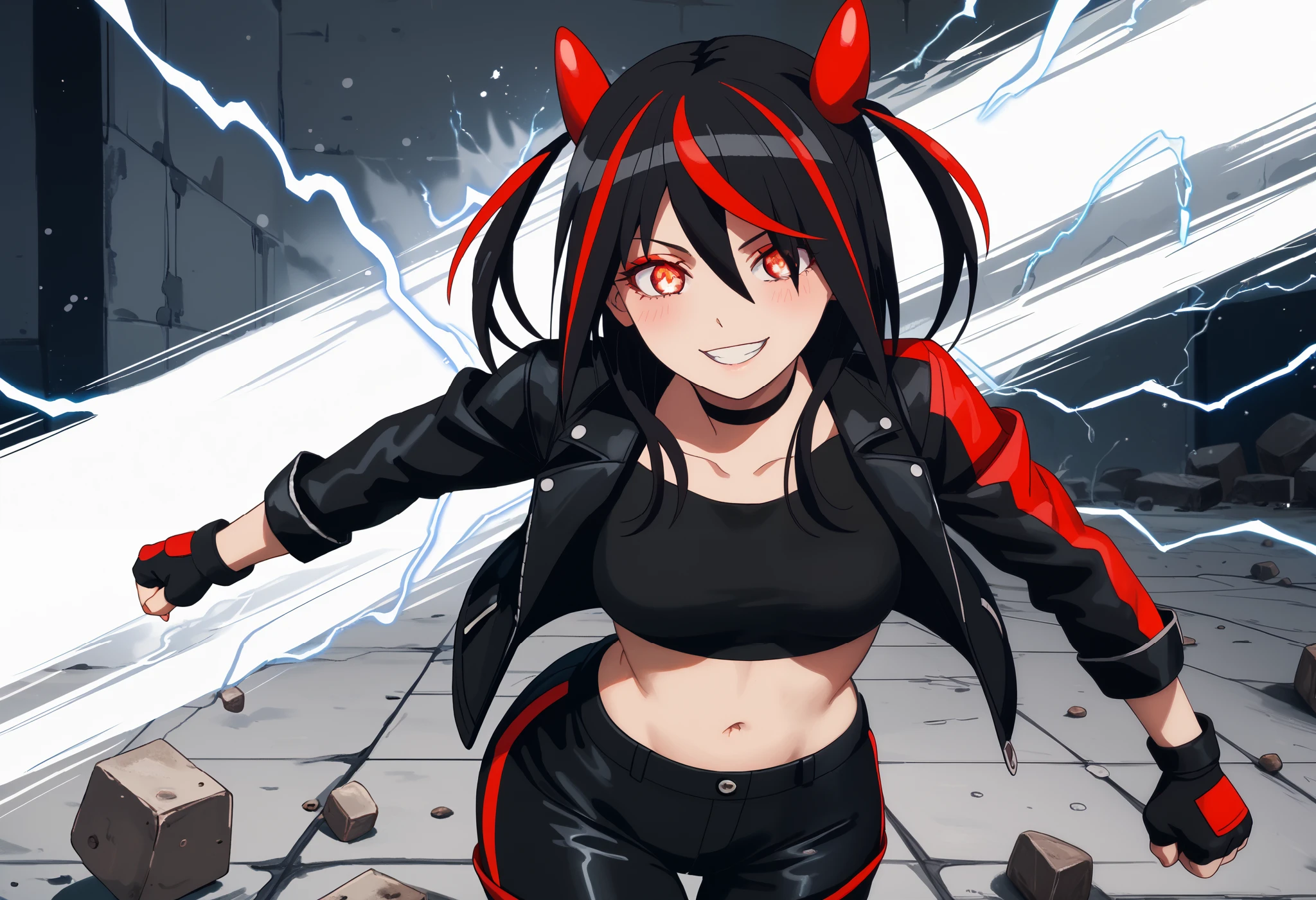 Score_9, Score_8_up, Score_7_up, bright skin: 0.1, anime_source, deep skin, high quality, high resolution, (curvy), ((wide hips)), medium breasts, cute, sexy, 1 girl, BREAK HaneruEmi, HaneruEmi, long hair, black hair, red highlights, red eyeshadow, red eyes, spiky hair, hair between eyes, side locks, black crop top, open jacket, black leather jacket, horns, choker, gold bracelet, black leather pants, red gloves, fingerless gloves, red footwear, white footwear, two-tone sneakers, black stockings, abdomen, smile, incoming attack, incoming punch, clenched hand, glowing eyes, electricity, motion lines, dynamic pose, 
concrete, abstract background, light particles, dust,
