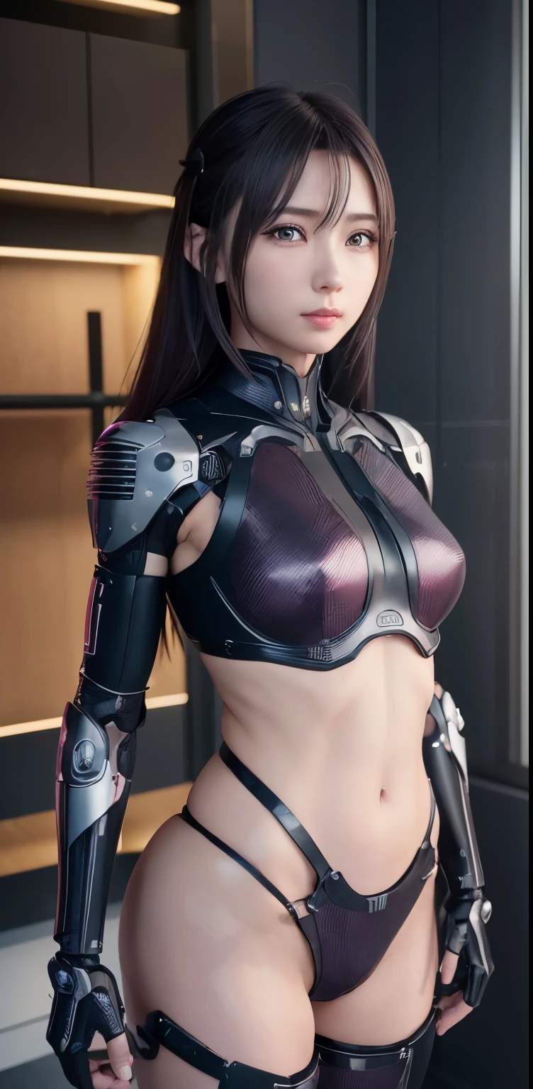 masterpiece、((Dark blue leotard covering the whole body))、 ((a beauty girl))、White Silver Sacred Robe、I don't have both arms.、Metal Chest Protector、Mechanized body、Mechanized chest and abdomen、Mechanized occipital、Mechanized legechanical joints、Black metallic suit tight to the body、is standing、Tied up、Metal Robot、((Cyberpunk background))、(Neon light)、(Background of the machine shop of the future)、Cyberdyne、Artificial bodies、All-metal body、Ironwork、Abdominal mechanism、((Robotic Arms and Hands))、((Robot legs))、((Cervical part of the machine))、Inside the spaceship、a beauty girl、sixteen years old、Asian Beauty, (Abdomen exposes actuators and cables)、From the neck down is the body of a metal robot、Complex 3d rendering beautiful porcelain profile super detailed female android face、cyborgs、roboticparts、150mm、beautiful studio soft light、Rim Lights、vibrant detail、luxuriouscyberpunk、Ren Hao、surrealistic、Anatomical、face muscles、cable electric wireicrochips、elegent、beatiful backgrounds、octan render、HR Giger Style、8K、top-quality、masterpiece、illustratio、extremely delicate and beautiful、 extremely details CG、Unity、wall-paper、(realisitic、Photorealsitic:1.37)、astonishing、detaile、masterpiece、best qualtiy、Official art、Highly detailed CG Unity 8k wallpaper、absurderes、incredibly absurdness、、、Silver Halmet、full body Esbian、sitting on