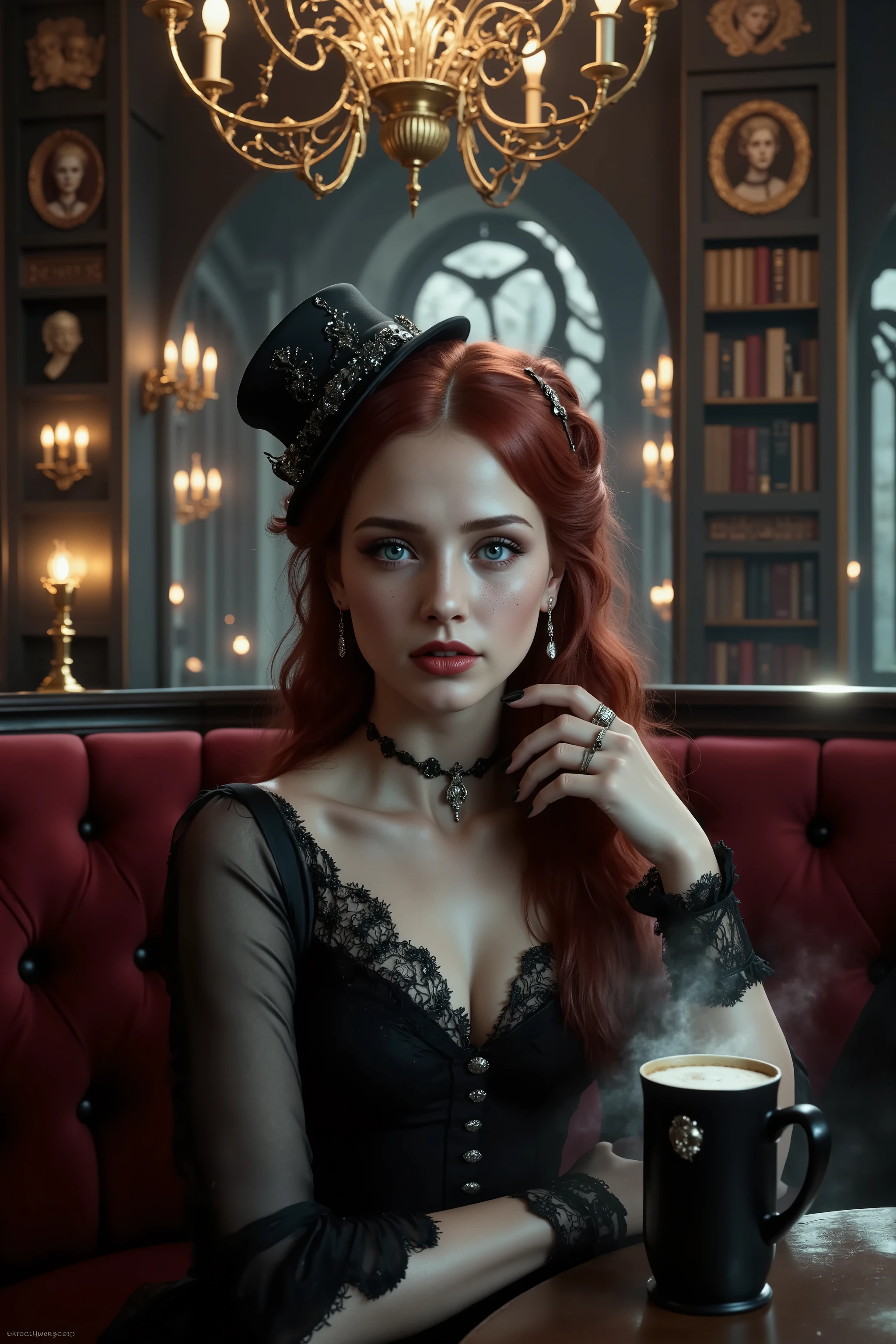 A cinematic, realistic depiction of a gothic girl sitting in a gothic-style café, viewed from a first-person perspective. She has striking pale skin, deep red lipstick, and smoky eye makeup, with piercing blue eyes that gaze directly at the viewer. Her long, deep crimson hair is styled in an intricate gothic updo with ornamental braids and delicate silver hairpins, with a small gothic top head. She wears a black lace blouse layered with an elegant corset, a velvet choker with an ornate pendant, and delicate fingerless lace gloves. She gracefully stirs a dark espresso in a black ceramic cup, her slender fingers adorned with silver rings.

The gothic café is dimly lit, illuminated by flickering candelabras and antique chandeliers. The décor features deep red velvet seating, dark wooden tables, gothic bookshelves filled with old literature, and intricate gargoyle statues perched on the shelves. A faint mist swirls from a mysterious dark drink placed on the table. The atmosphere is rich with gothic elegance, with a soft ambient glow casting dramatic shadows on the girl’s face. The scene exudes mystery and intimacy, as if the viewer has been drawn into a captivating conversation with this mesmerizing gothic woman.