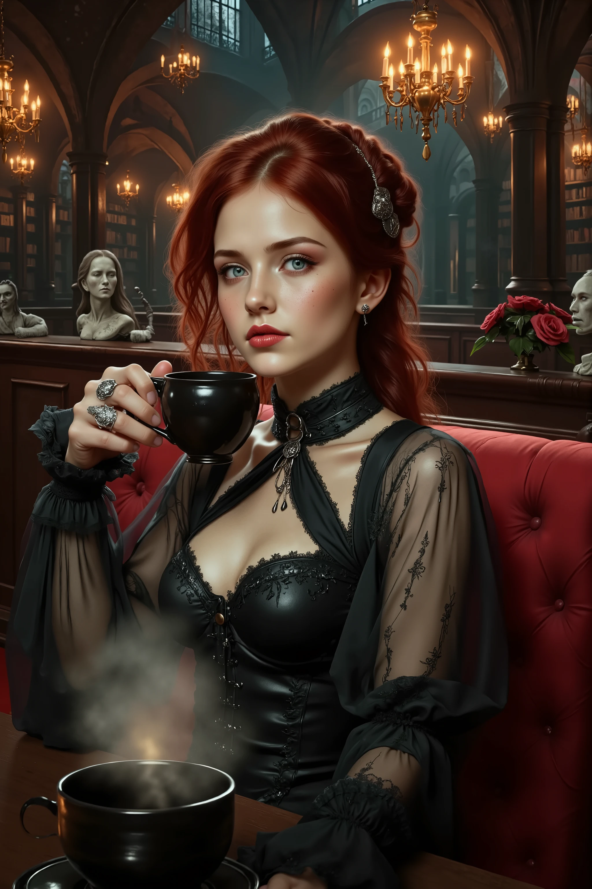 A cinematic, realistic depiction of a gothic girl sitting in a gothic-style café, viewed from a first-person perspective. She has striking pale skin, deep red lipstick, and smoky eye makeup, with piercing blue eyes that gaze directly at the viewer. Her long, deep crimson hair is styled in an intricate gothic updo with ornamental braids and delicate silver hairpins. She wears a black lace blouse layered with an elegant corset, a velvet choker with an ornate pendant, and delicate fingerless lace gloves. She gracefully stirs a dark espresso in a black ceramic cup, her slender fingers adorned with silver rings.
The gothic café is dimly lit, illuminated by flickering candelabras and antique chandeliers. The décor features deep red velvet seating, dark wooden tables, gothic bookshelves filled with old literature, and intricate gargoyle statues perched on the shelves. A faint mist swirls from a mysterious dark drink placed on the table. The atmosphere is rich with gothic elegance, with a soft ambient glow casting dramatic shadows on the girl’s face. The scene exudes mystery and intimacy, as if the viewer has been drawn into a captivating conversation with this mesmerizing gothic woman.