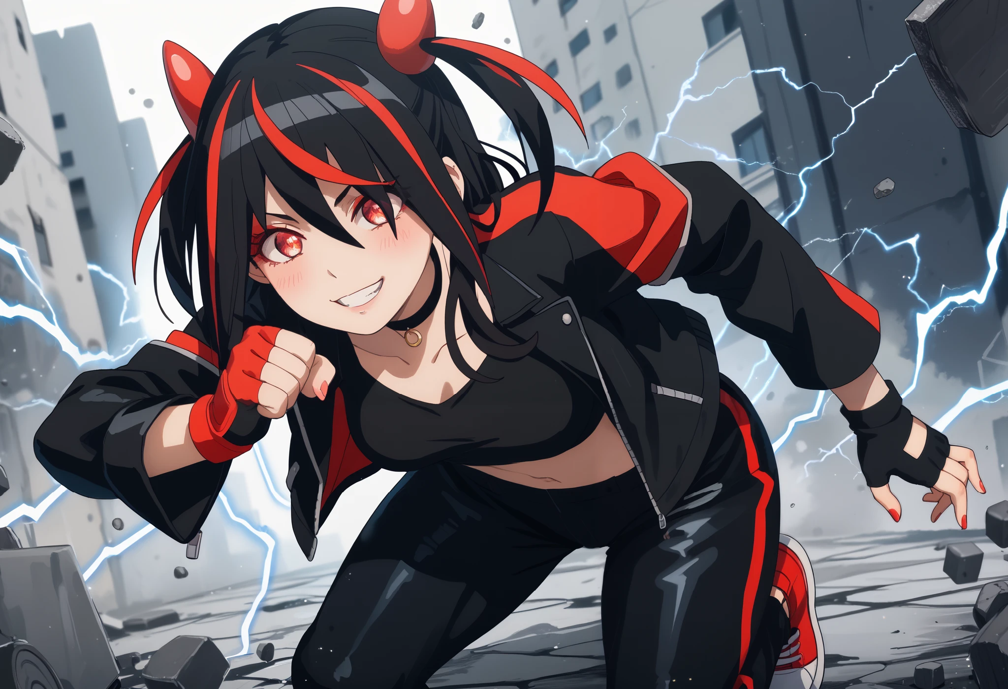 Score_9, Score_8_up, Score_7_up, bright skin: 0.1, anime_source, deep skin, high quality, high resolution, (curvy), ((wide hips)), medium breasts, cute, sexy, 1 girl, BREAK HaneruEmi, HaneruEmi, long hair, black hair, red highlights, red eyeshadow, red eyes, spiky hair, hair between eyes, side locks, black crop top, open jacket, black leather jacket, horns, choker, gold bracelet, black leather pants, red gloves, fingerless gloves, red footwear, white footwear, two-tone sneakers, black stockings, abdomen, smile, incoming attack, incoming punch, clenched hand, glowing eyes, electricity, motion lines, dynamic pose, 
concrete, abstract background, light particles, dust,