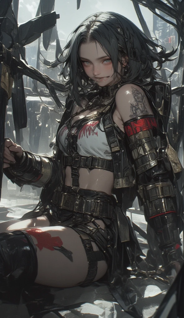 ((Best Quality)), ((Masterpiece)), (Details: 1.4), 3D, A Beautiful Cyberpunk Female Image, HDR (High Dynamic Range), Battle Damage, Bloody Wounds on Face, Dirty Face, Face Covered with Wounds, Clothes Damaged, Robe, Fierce Expression, Fierce, Big Red Lips, Green Eyes, Bleeding, Mechanical Gloves, Ray Tracing, NVIDIA RTX, Super-Resolution, Unreal 5, Subsurface Scattering, PBR Textures, Post-processing, Anisotropic filtering, Depth of field, Maximum sharpness and sharpness, Multi-layer textures, Albedo and highlight mapping, Surface shading, Accurate simulation of light-material interactions, Perfect Proportions, Octane Render, Bicolor Light, Large Aperture, Low ISO, White Balance, Rule of Thirds, 8K RAW,
