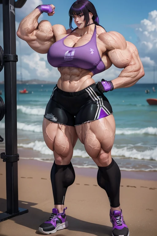 Woman in black bikini and small man in white shirt, weak and small man, thin and small physique, Very beauthful. , ,weak and defenseless man, small physique, , muscular ultraviolent woman, muscular and scary, absurdly huge physique, big muscles, extremely muscular woman, giant woman, extremely giant, thinking about a little boy, stepping on a little boy ,