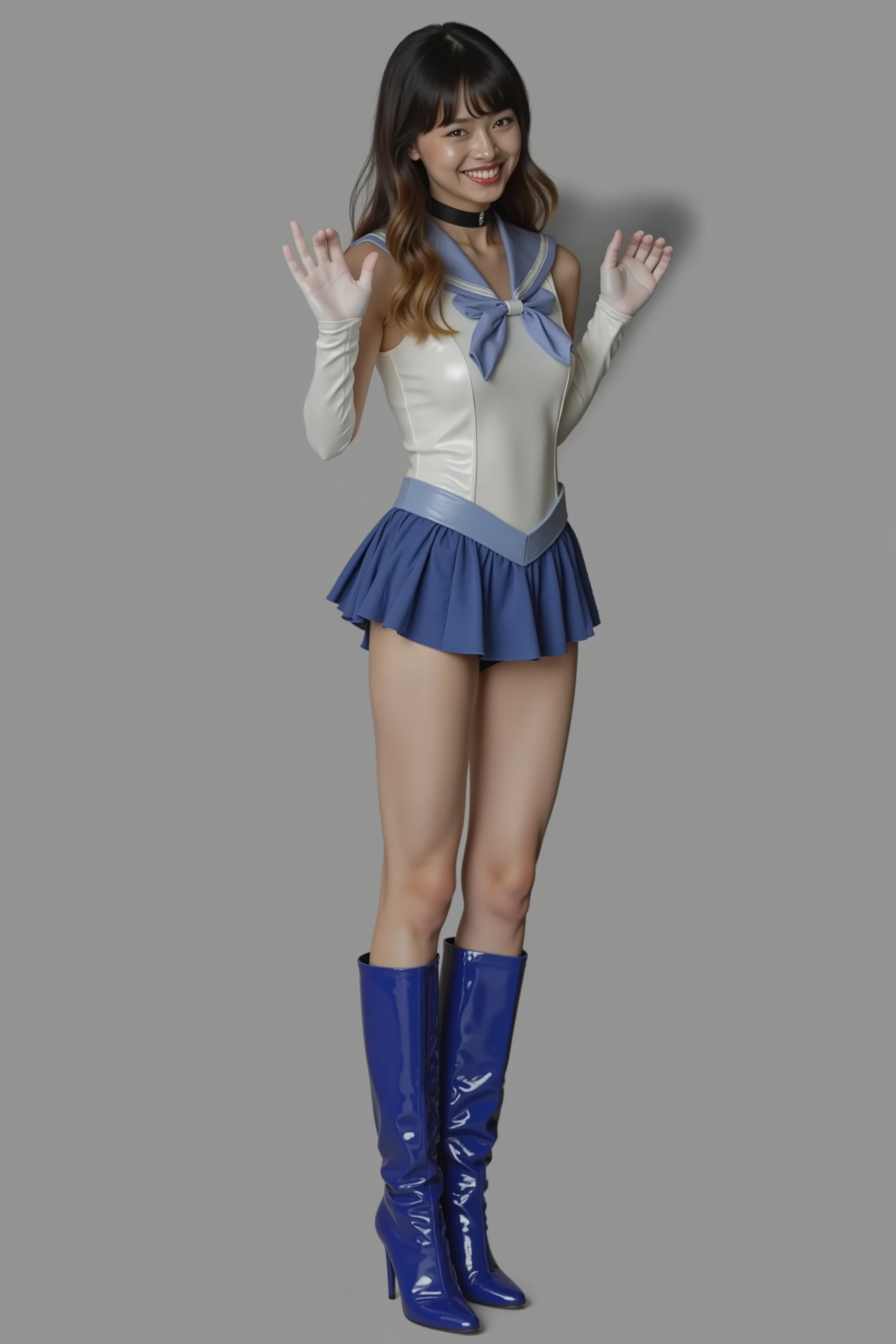 background 、Long white latex gloves,Beautiful female hand in white latex gloves,Shiny blue latex knee-high boots, Stiletto heels,Blue choker、Blue gloves on elbows, Shiny blue skirt、((( Depicting beautiful legs in black tights .)))、((( Legally express the beauty of your smile )))、(((( Make the most of your own original image )))、((( Sailor Mercury Costume )))、(((ボディにフィットした Sailor Mercury Costume )))、(((Beautiful Hair)))、(((crying pain)))、(((Please wear black tights....、Wear red boots)))、(( best quality、8k))、(( best quality、8k、masterpiece:1.3))、(((Save the background )))、 Strong concentration:1.2、 slim abs :1.2、 wet body:1.5、 high-resolution face and skin texture 、8k絞り値 F2.8,