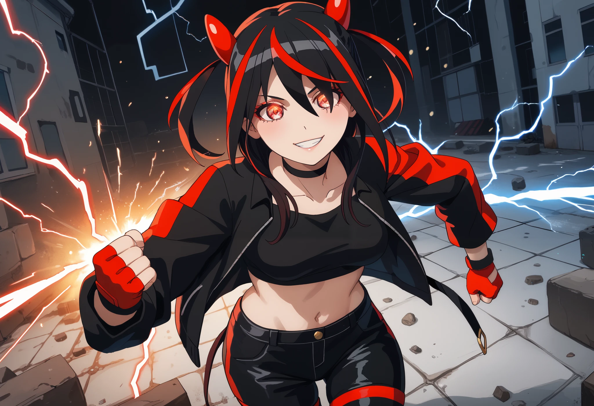 Score_9, Score_8_up, Score_7_up, bright skin: 0.1, anime_source, deep skin, high quality, high resolution, (curvy), ((wide hips)), medium breasts, cute, sexy, 1 girl, BREAK HaneruEmi, HaneruEmi, long hair, black hair, red highlights, red eyeshadow, red eyes, spiky hair, hair between eyes, side locks, black crop top, open jacket, black leather jacket, horns, choker, gold bracelet, black leather pants, red gloves, fingerless gloves, red footwear, white footwear, two-tone sneakers, black stockings, abdomen, smile, incoming attack, incoming punch, clenched hand, glowing eyes, electricity, motion lines, dynamic pose, 
concrete, abstract background, light particles, dust,