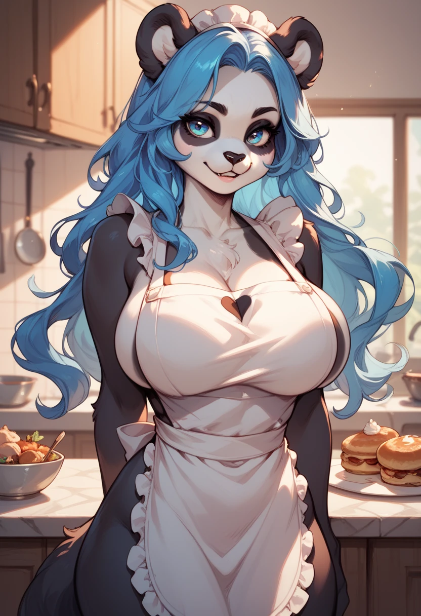 uploaded the e621, beautiful and detailed portrait of a woman (((female))) (anthro husky:1.5), kenket, Ross Tran, ruan jia, zaush, foxovh, lighting zenematic, seductor, dog, thighighs, (hugechest), full body, (busty), (huge breasts), wide hips, beautiful, messy hair, blue hair, blue eyes, kitchen, alone, submissive, sexy posing, facing camera sweating, in heat, lust, trembling, open mouth, tongue sticking,  invitation, (heart-shaped pupils), sexy, seductive, fall in love girl, apron, spiked collar, eye liner,