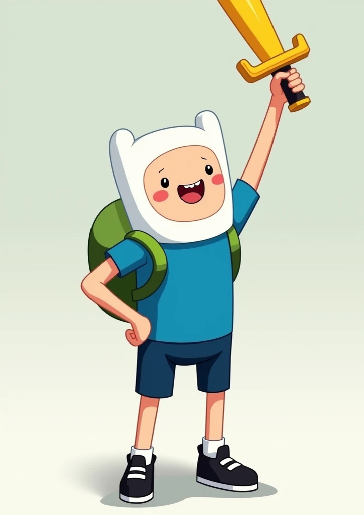 Generate a realistic image of the character Finn from Adventure Time , he must have the yellow sword raised , with the white cap that wraps around his entire head with small ears, a light blue t-shirt , a dark blue shorts , black sneakers and a green backpack