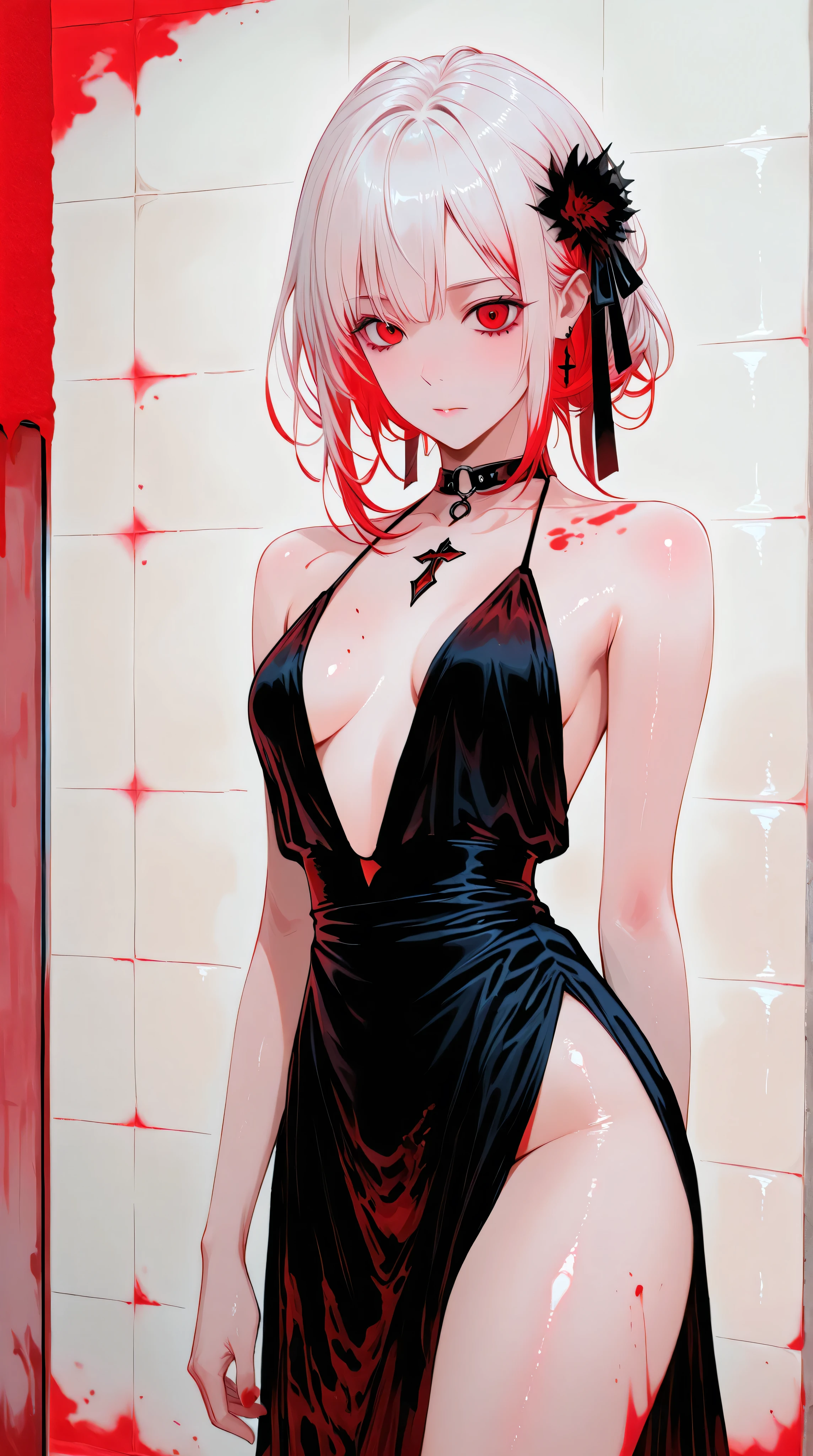 Kizi,Highly detailed, Amazing work,Vitreous luster,((clean backdrop)),In black,(((red colors))),white color,Best quality at best,clean backdrop, shiny skin, goth, plunging neckline,