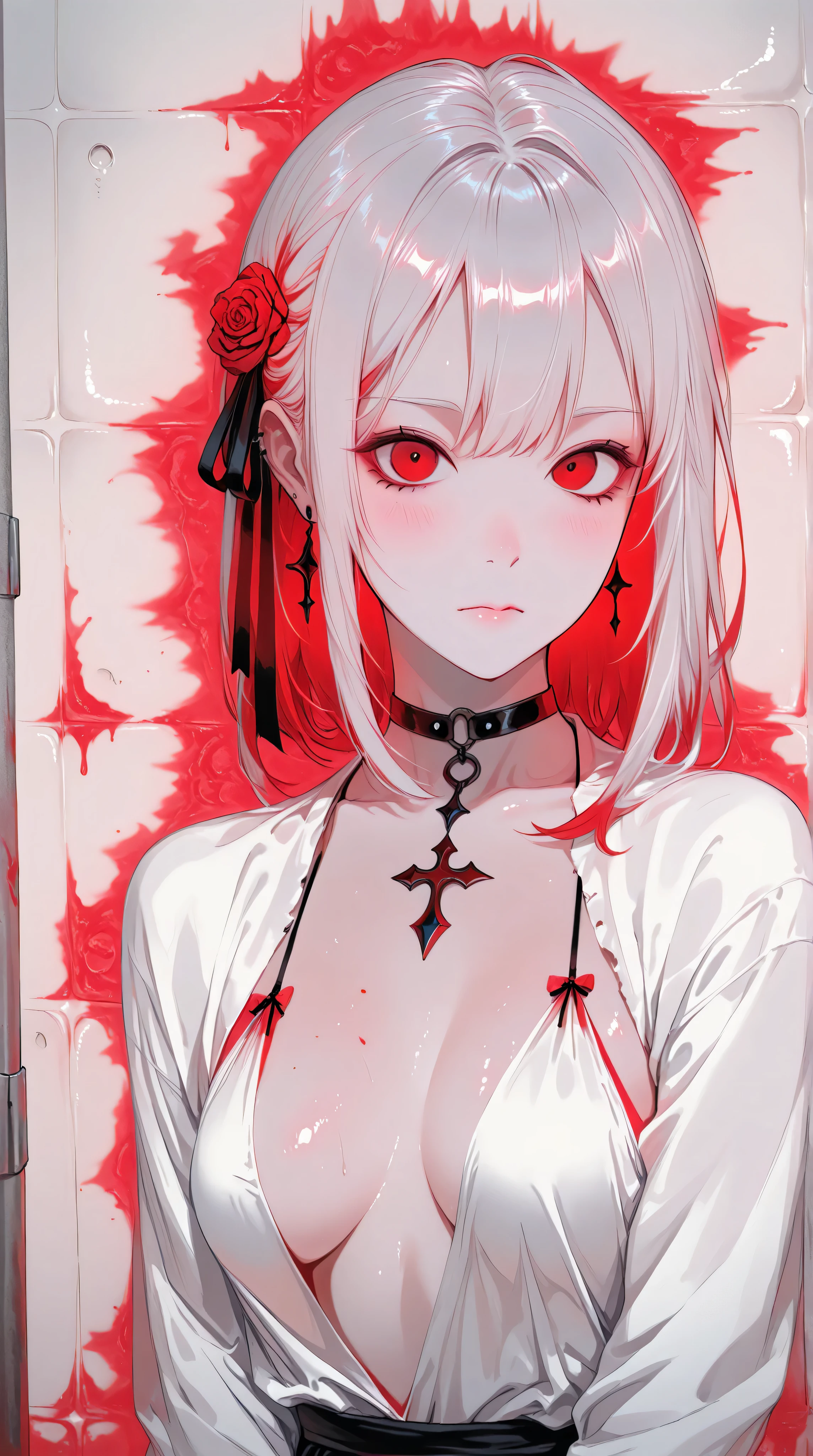 Kizi,Highly detailed, Amazing work,Vitreous luster,((clean backdrop)),In black,(((red colors))),white color,Best quality at best,clean backdrop, shiny skin, goth, plunging neckline,