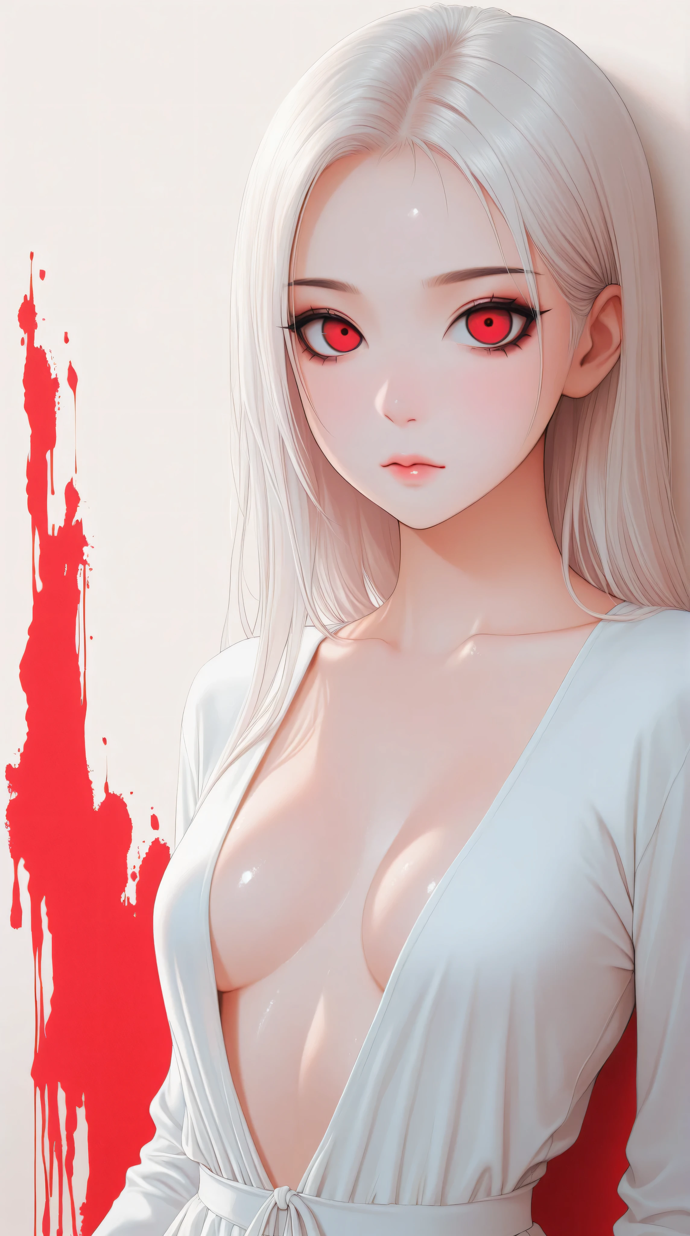 Kizi,Highly detailed, Amazing work,Vitreous luster,((clean backdrop)),In black,(((red colors))),white color,Best quality at best,clean backdrop, shiny skin, goth, plunging neckline, small breasts, cleavage,