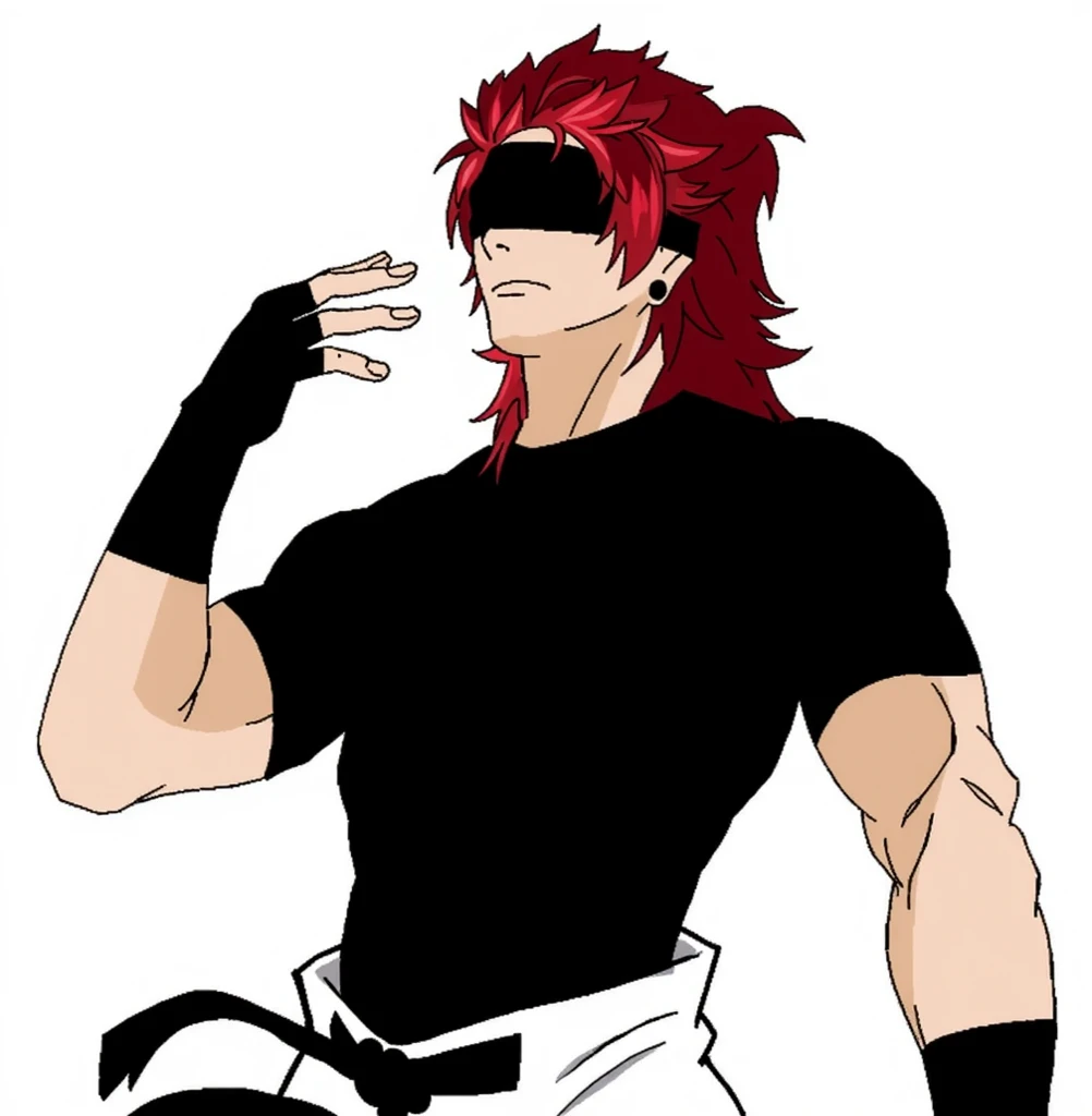 a man with red hair and a blue vest, 20 years old, king of wrestlers character, digitally colored, pose, lowres, adam, colorful lineart, inspired by Sebastian Vrancx, fighter pose, cute anime pose, full body close-up, inspired by Sakai Hōitsu, my interpretation, fight pose, low resolution. Realistic image, 3D anime.