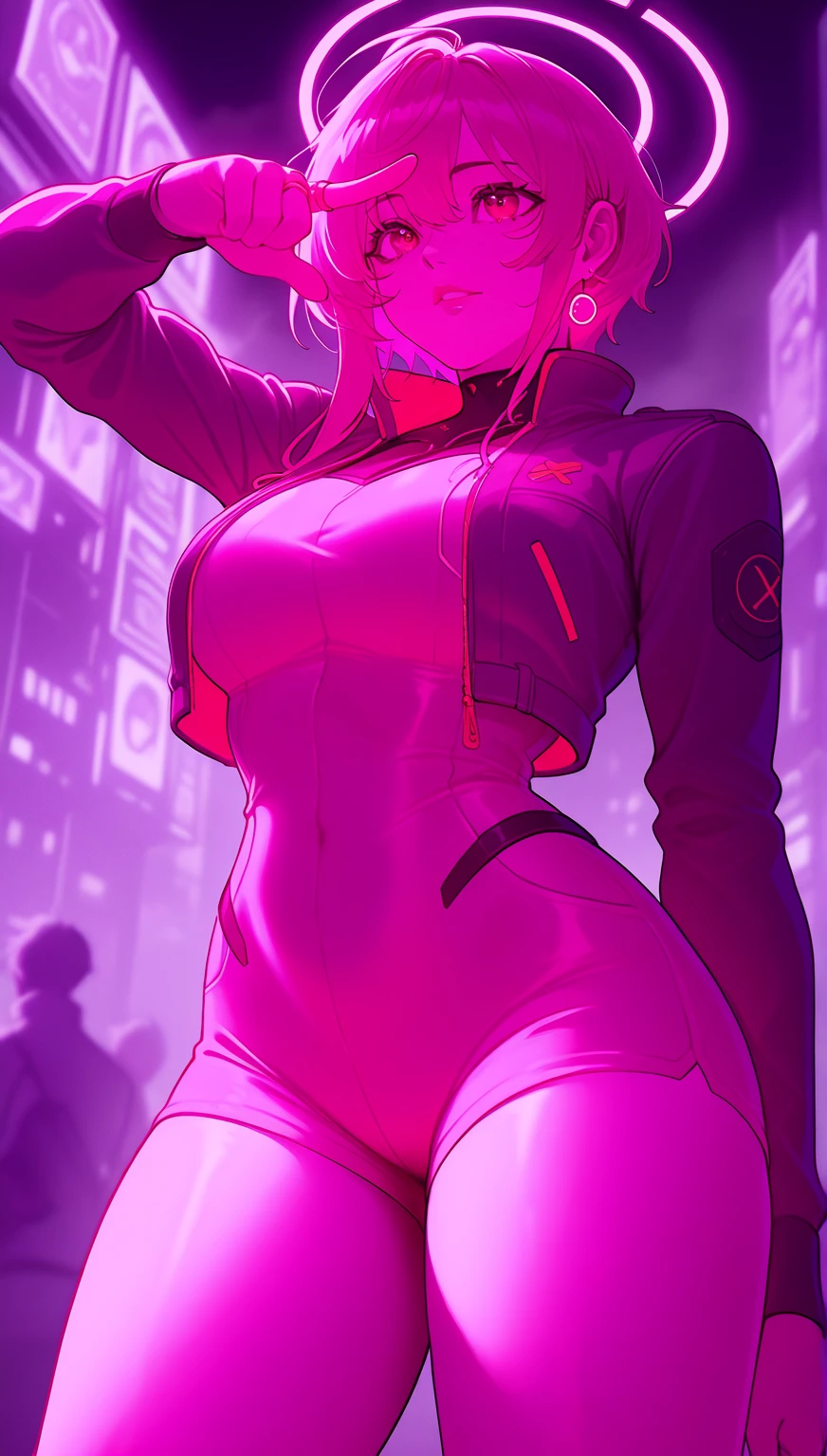 (best quality:1.2),1girl,solo,standing_split,seras victoria, seras, hellsing, seras,white bodysuit,red eyes,pilot suit,short hair,blonde hair,bangs,interface headset,turtleneck,hair between eyes,pixelated background,neon lights,sci-fi color scheme,vivid colors,metallic texture,detailed shading,holographic interface,dark atmosphere,high contrast,sharp focus,wisps of hair,reflective surface,exquisite details,high-res,studio lighting,red accents,illuminated surroundings,artificial intelligence assistant