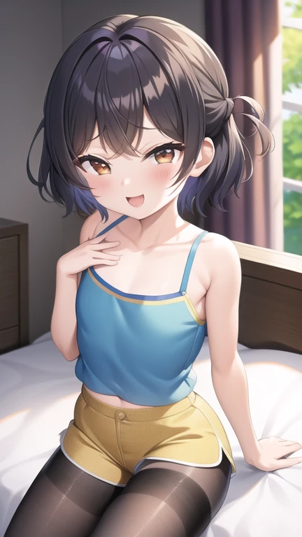 ayumiyoshida, , blue eyes, short hair, brown hair, bangs, hairband, short dress, smile, nsfw, bedroom