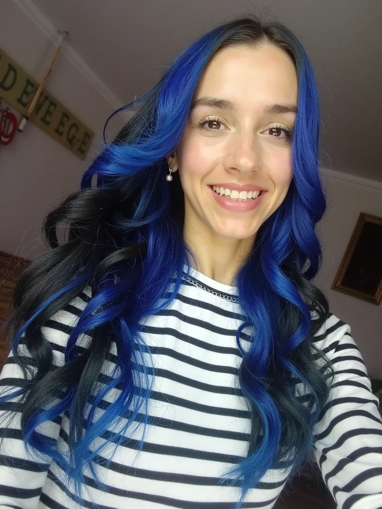 Uma mulher, exatamente realista, cabelo azul, pele branca, usando roupas pretas, sexy, muito linda,