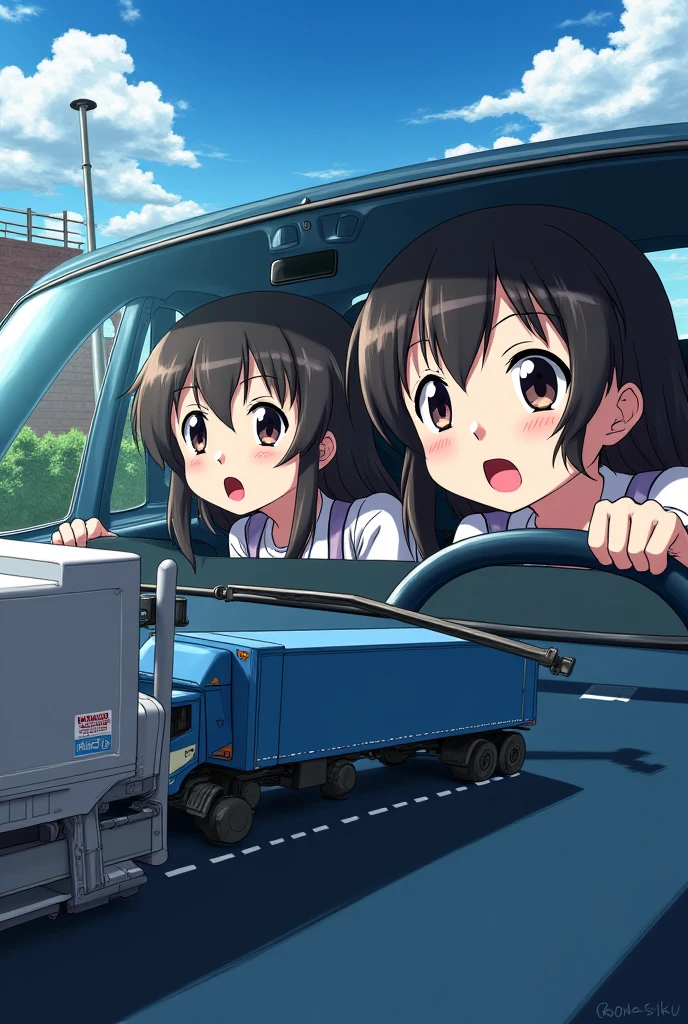 Girl in high school uniform with her hair in a ponytail falls on top of a lady in the truck and her little stick house breaks 