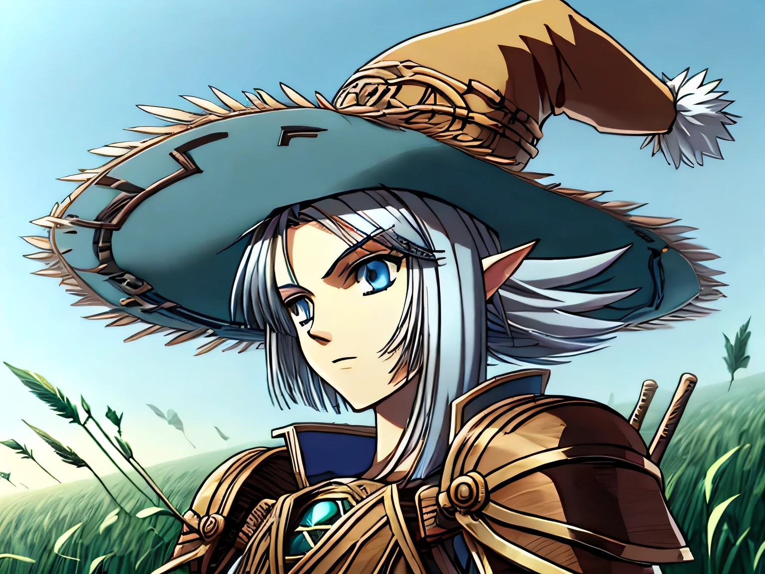 , Androgynous face and body , simple musician clothes , Green Bard's Hat (From the game Ragnarok online), Play a harp , light blue eyes , long gray hair , road background in open field, e melhore os seguintes erros da imagem utilizada como base:(nsfw:1.5),bad work, bad color, extra legs, extra fingers, bad body, bad finger, bad eyes