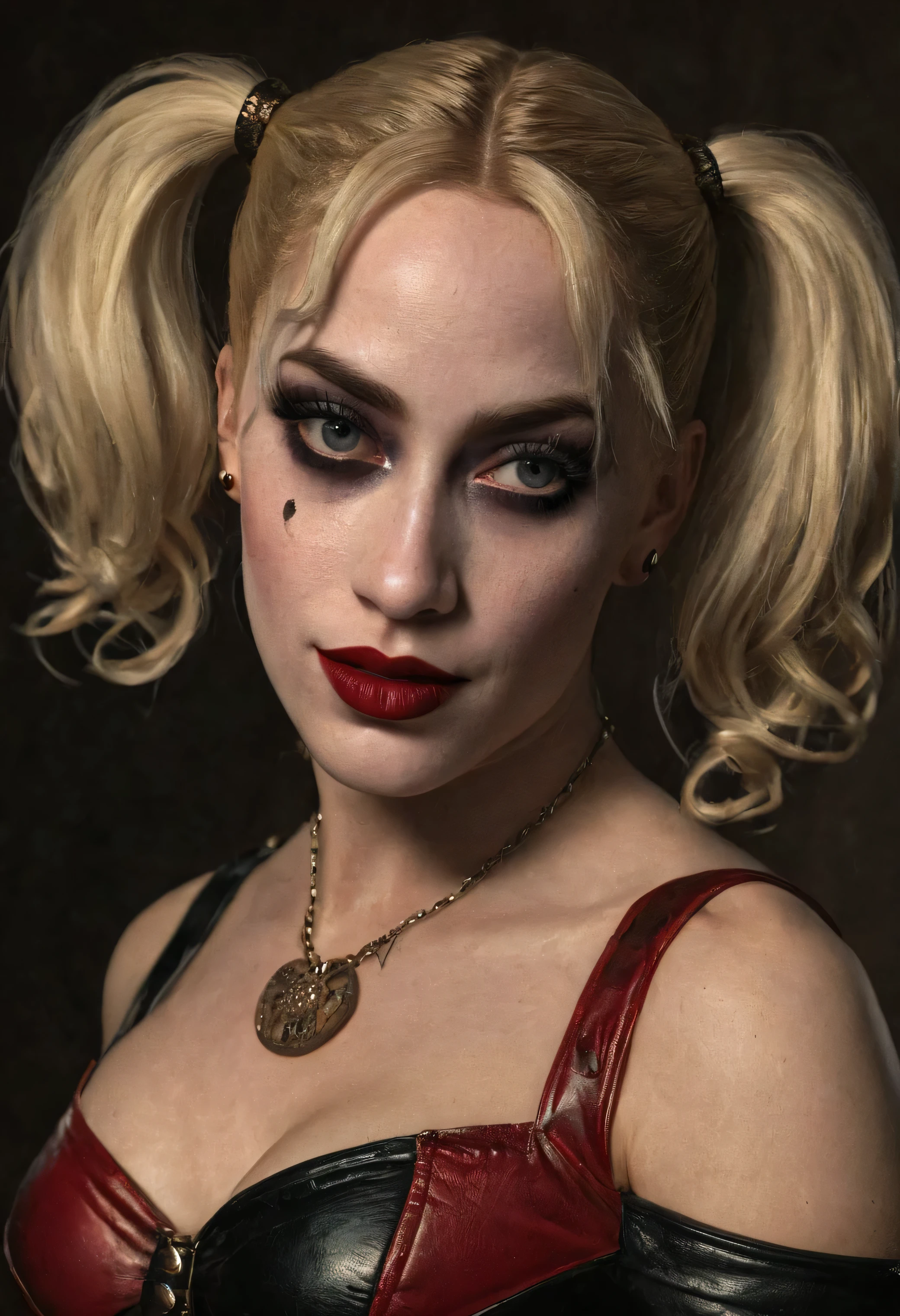 Harley Quinn, detailed realistic portrait, imperial style, sexy, AH Titian style, grinning, beautiful detailed eyes, beautiful detailed lips, extremely detailed face and features, long eyelashes, intricate hairstyle, dynamic pose, dramatic lighting, vivid colors, painterly, richly textured, cinematic, (best quality,8k,hyper detailed,masterpiece:1.2),ultra-detailed,(photorealistic,photo-realistic:1.37),dramatic chiaroscuro lighting,cinematic depth of field,exquisite rendering