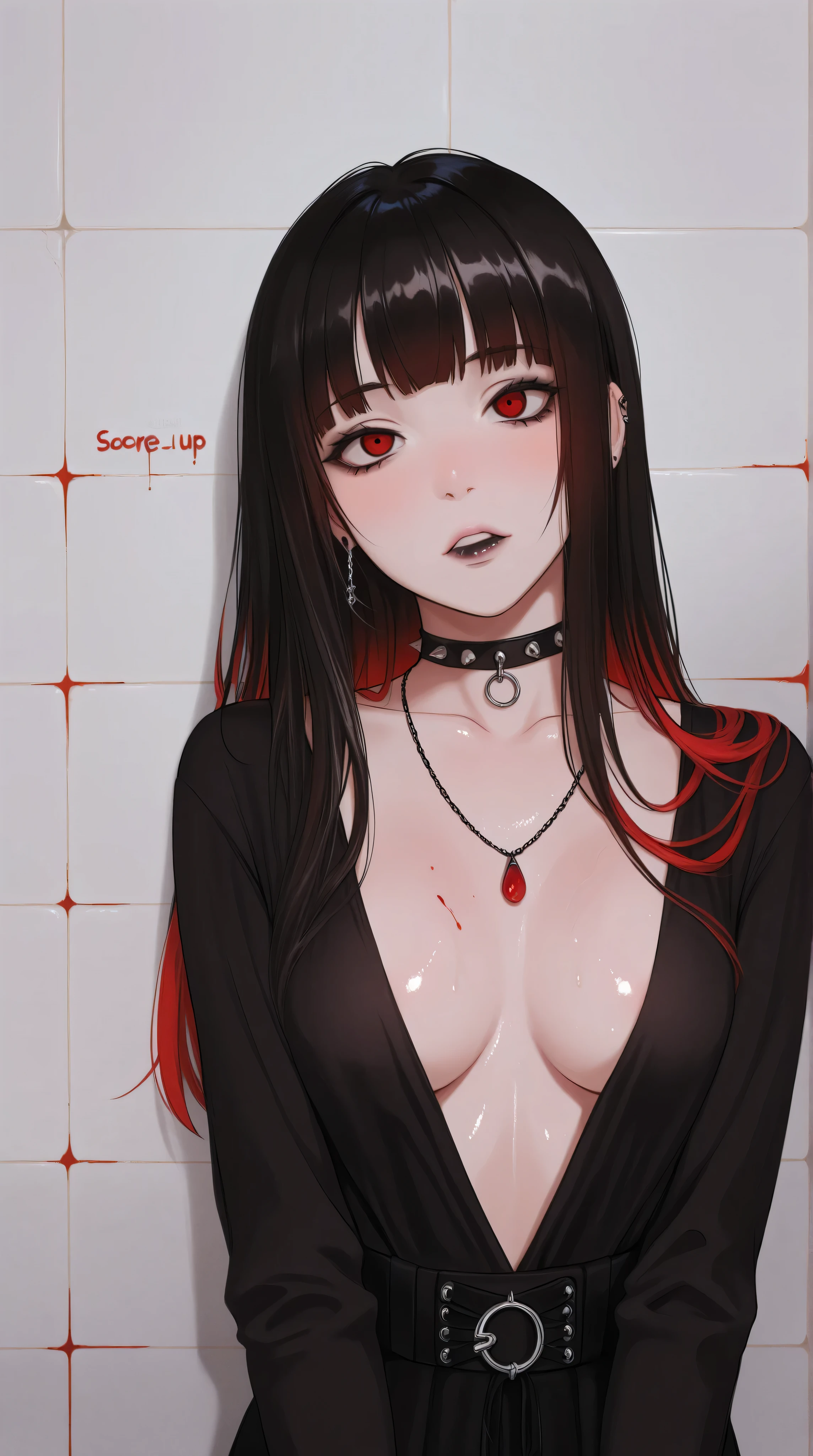 Kizi,Highly detailed, Amazing work,Vitreous luster,((clean backdrop)),In black,(((red colors))),white color,Best quality at best,clean backdrop, shiny skin, goth, plunging neckline,