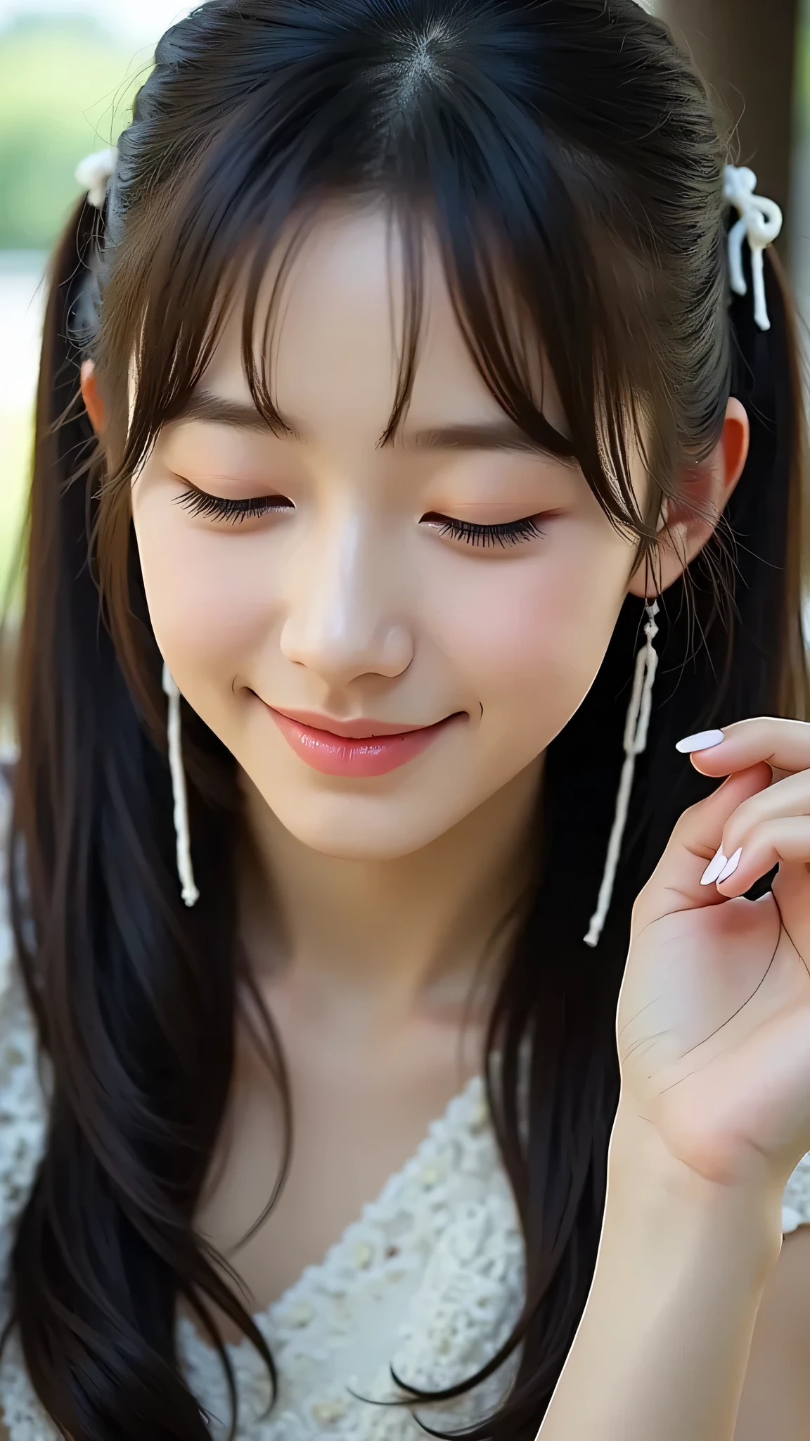 (photo realistic :1.4), (hyper realistic :1.4), ( realistic :1.3), ( Smoother Lighting :1.05), ( male face with closed eyes :0.9), 32K ,, {{ one woman::smile: Noodles and ponytails :1.8}}}、{{ wearing a white lace bra:1.8 }}, { raise your hand},,{{ ) The background is plain 、 }} 、