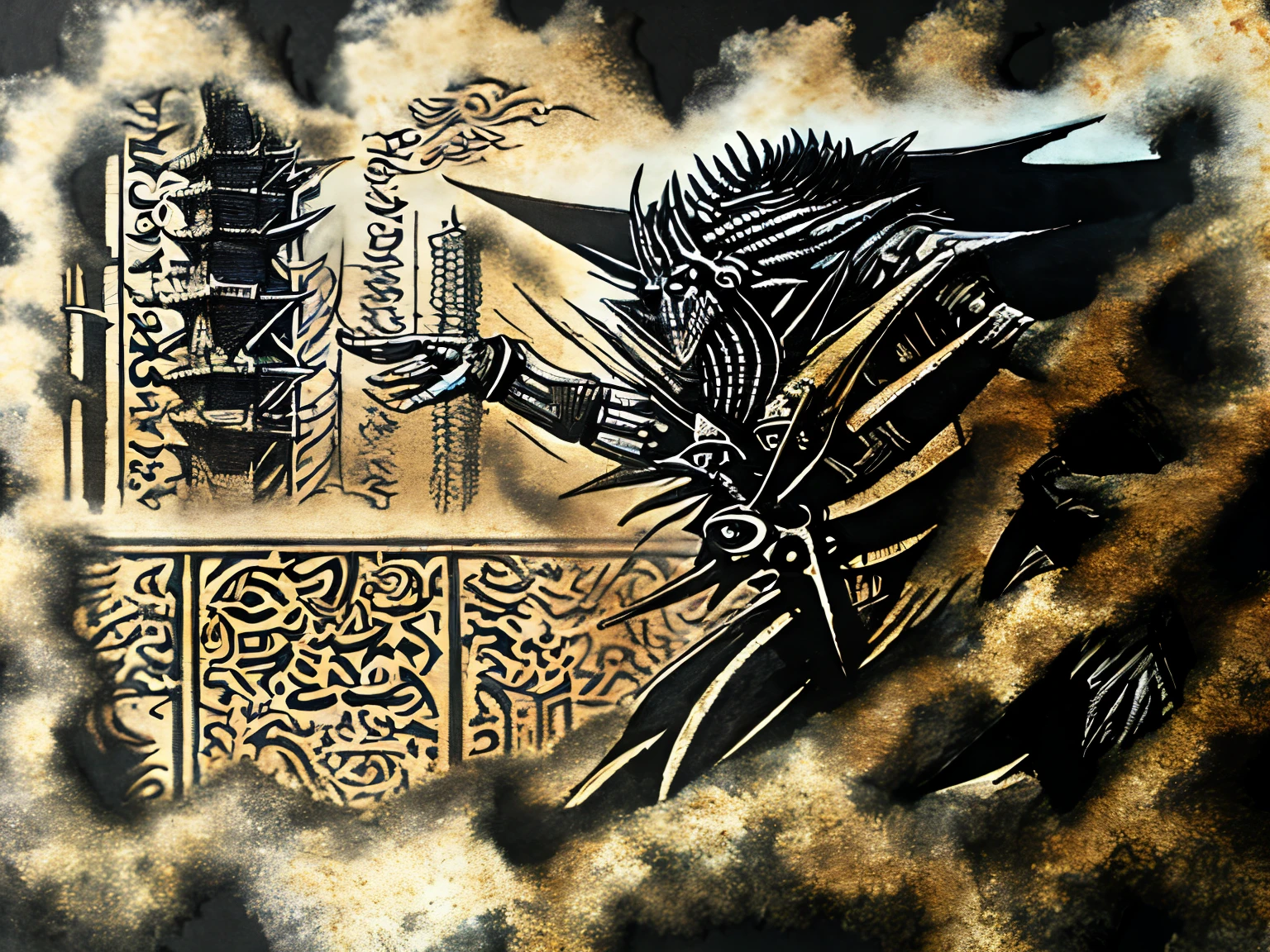 Background tower , humanoid demon , bull bosses on his head, shaved hair, face of an ordinary man , fighter clothes