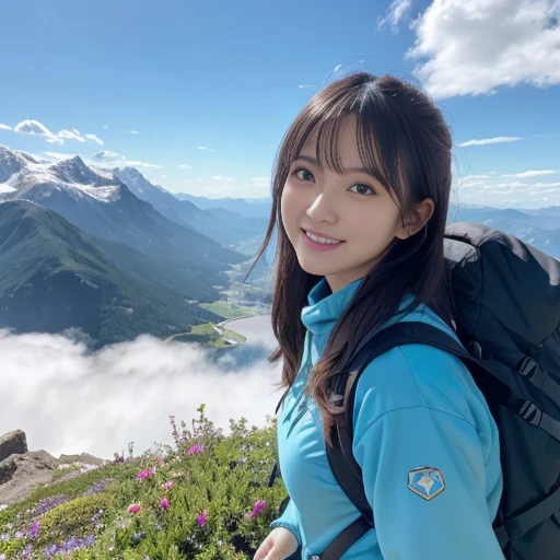 A climber in climbing clothes walking up a mountain trail, carrying a backpack, surrounded by blooming alpine plants and a sea of clouds, creating a fantastic scene. The composition is shot by a drone, showing the whole body, and the contrast between the colorful alpine plants and the soft clouds is striking. A beautiful piece of digital art that captures the atmosphere of a high mountain with bright sunlight pouring down and a blue sky in the background, and the clear air, ((masterpiece)), ((best quality)), (ultra-detailed), ((beautiful eyes)), Japanese female, (slender:1.3), ((30 years old)), beautiful, (cheerful grin:1.3),