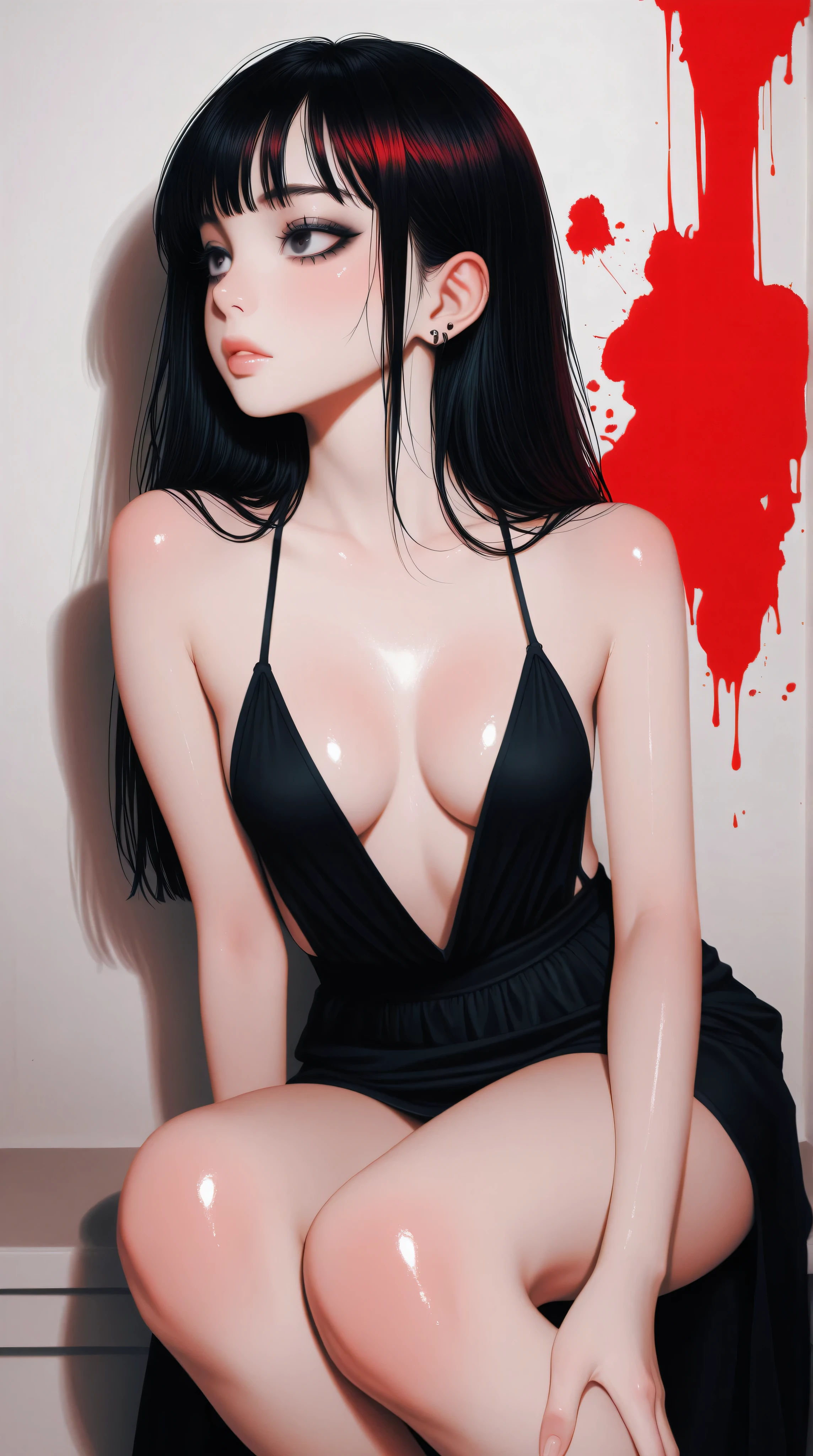 Kizi,Highly detailed, Amazing work,Vitreous luster,((clean backdrop)),In black,(((red colors))),white color,Best quality at best,clean backdrop, shiny skin, goth, plunging neckline, small breasts, cleavage,
