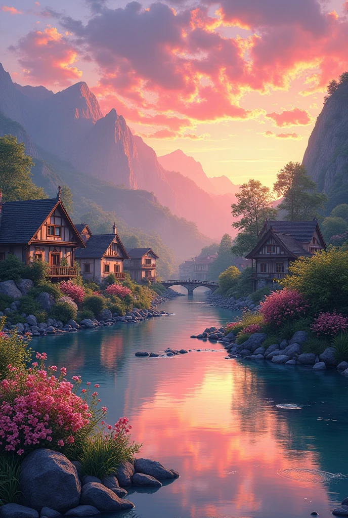 A small village on the river,The mountains are in the background,Flowers bloom,vibrant with colors,Detailed scenery,Beautiful natural landscape,Ambiance Lighting,Scorching sunset,a warm color palette,utility,utility摄影,Delicate leaves,Complex architecture,Cobblestone streets,Charming Country Cottage,Swirls of bright colors,the lush vegetation,Still water reflections,picturesque,Leisure and tranquility,artwork of a,Best quality,in 8K,Extremely detailed,style of anime