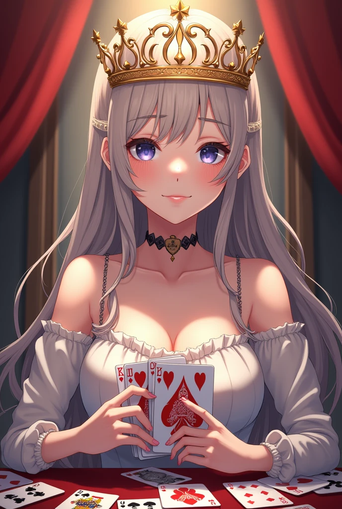 anime girl with a crown and playing cards in front of a mirror, a character portrait by Yang J, pixiv contest winner, fantasy art, detailed portrait of anime girl, detailed digital anime art, artwork in the style of guweiz, anime visual of a young woman, beautiful anime portrait, high detailed official artwork, detailed anime character art, highly detailed exquisite fanart